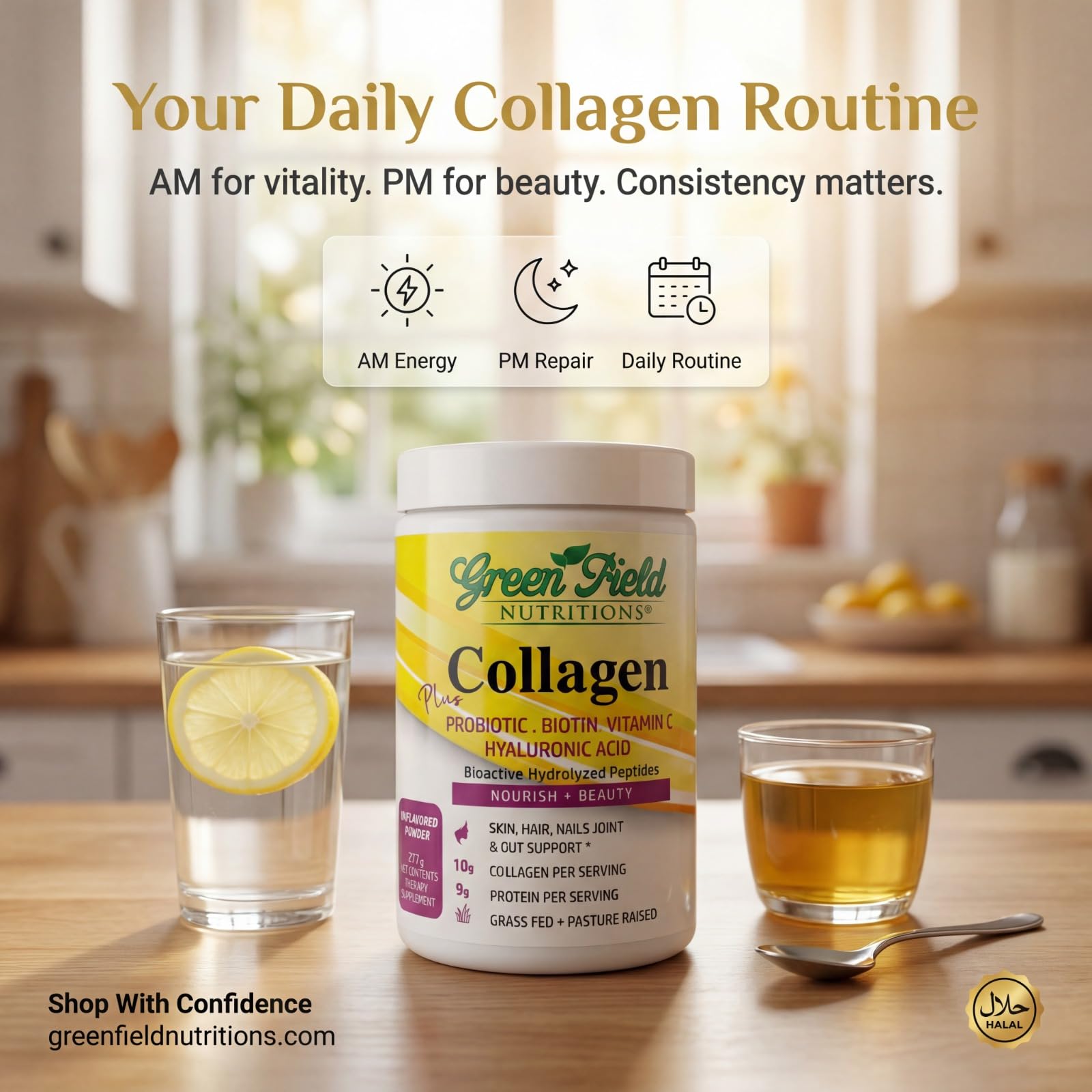 Scoop of GREEN FIELD NUTRITIONS Halal Collagen Powder