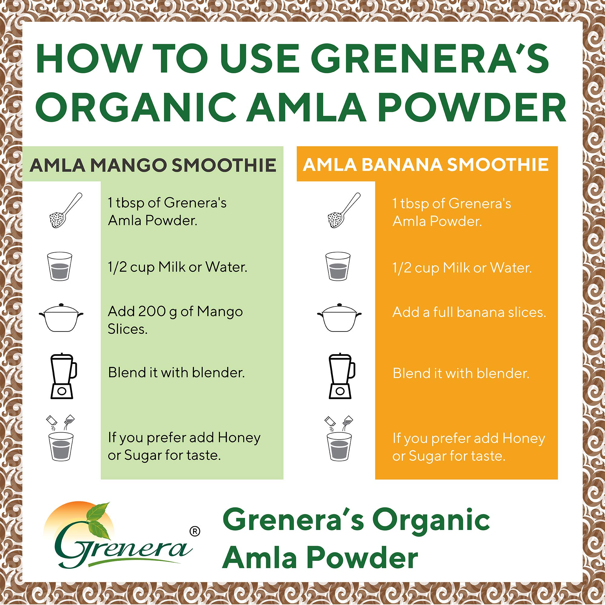 Scoop of Grenera Organic Amla Powder on a wooden spoon