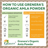Scoop of Grenera Organic Amla Powder on a wooden spoon