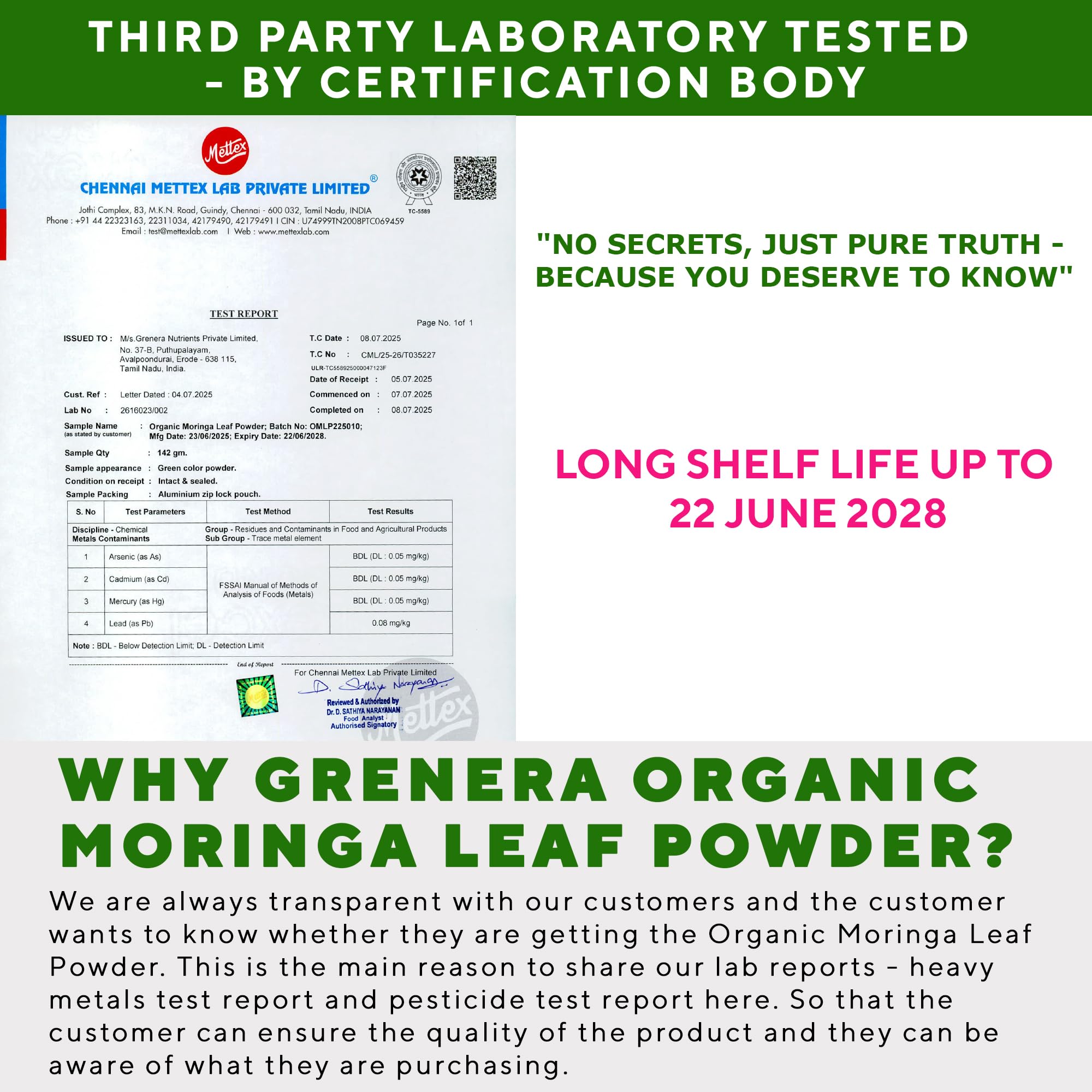 Scoop of Grenera Organic Moringa Powder on a wooden surface