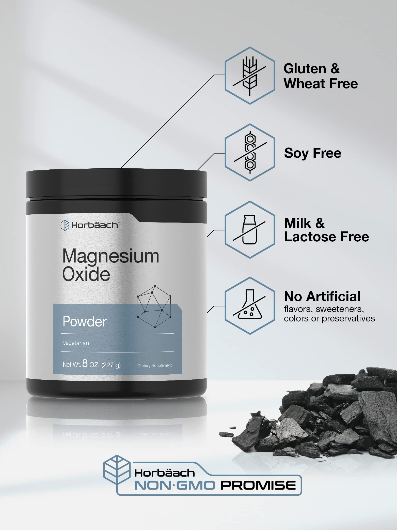 Scoop of Horbäach Magnesium Oxide Powder on a table