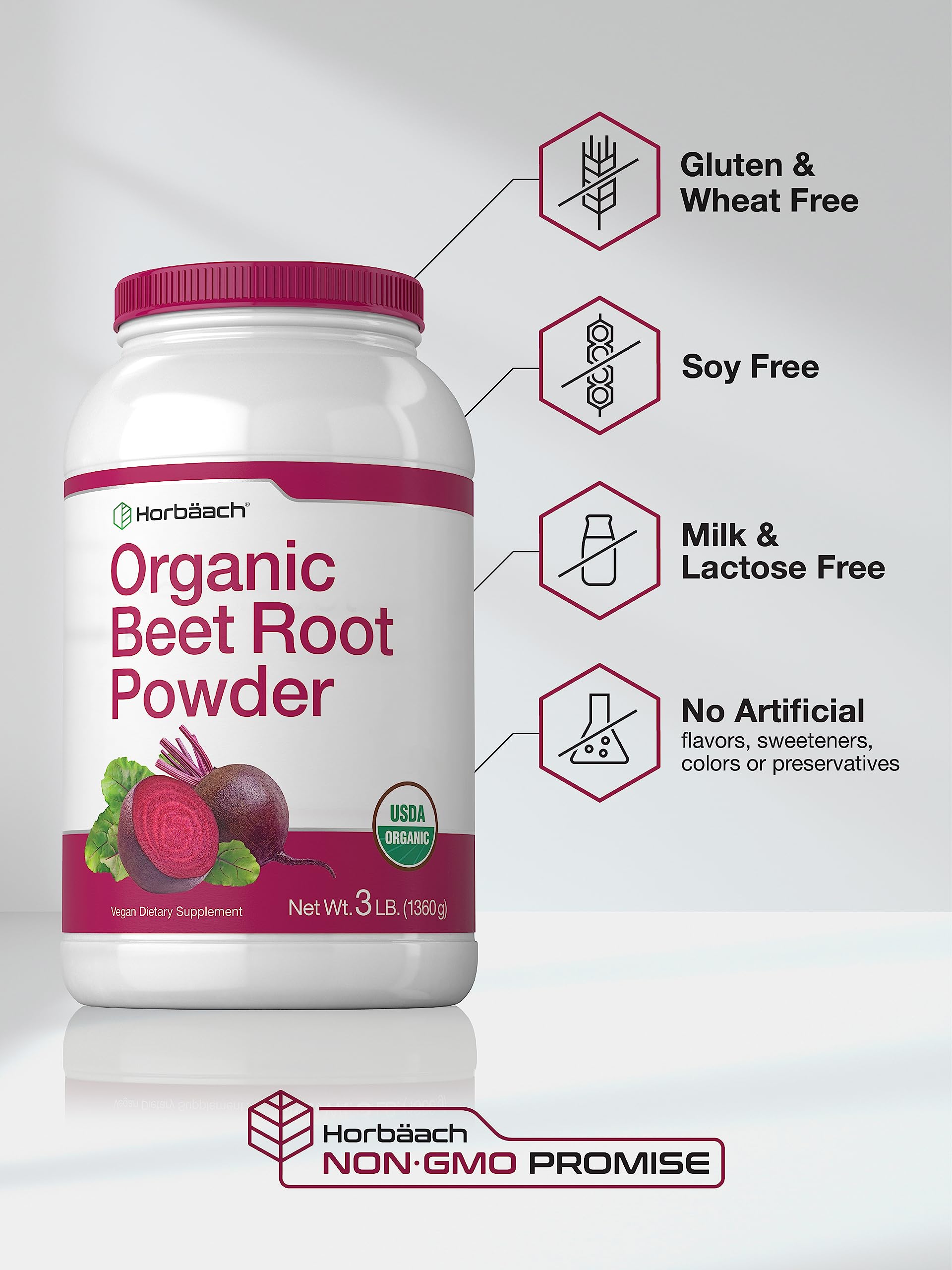 Scoop of Horbäach Organic Beet Root Powder on a wooden surface