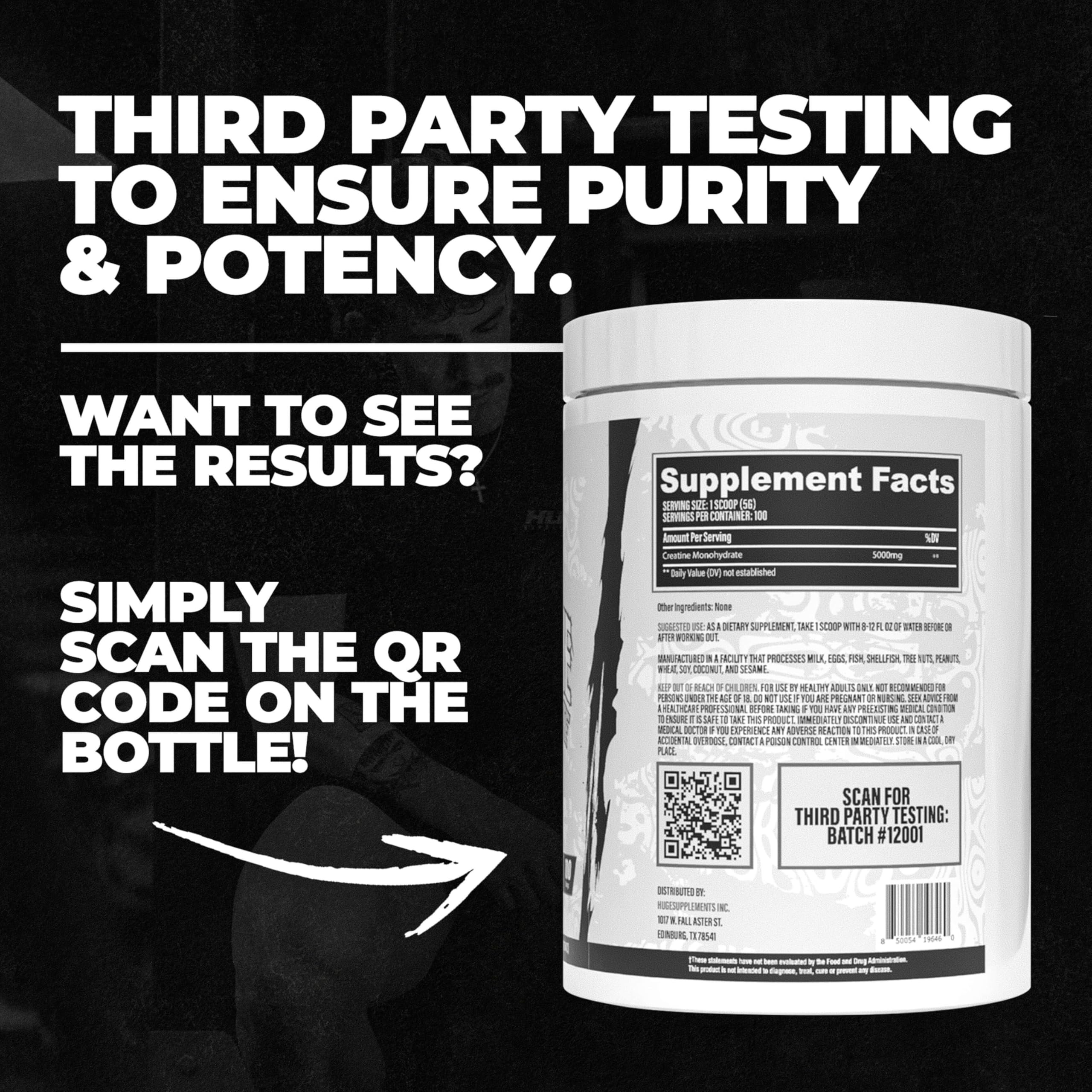Scoop of Huge Supplements Creatine Monohydrate powder on a table
