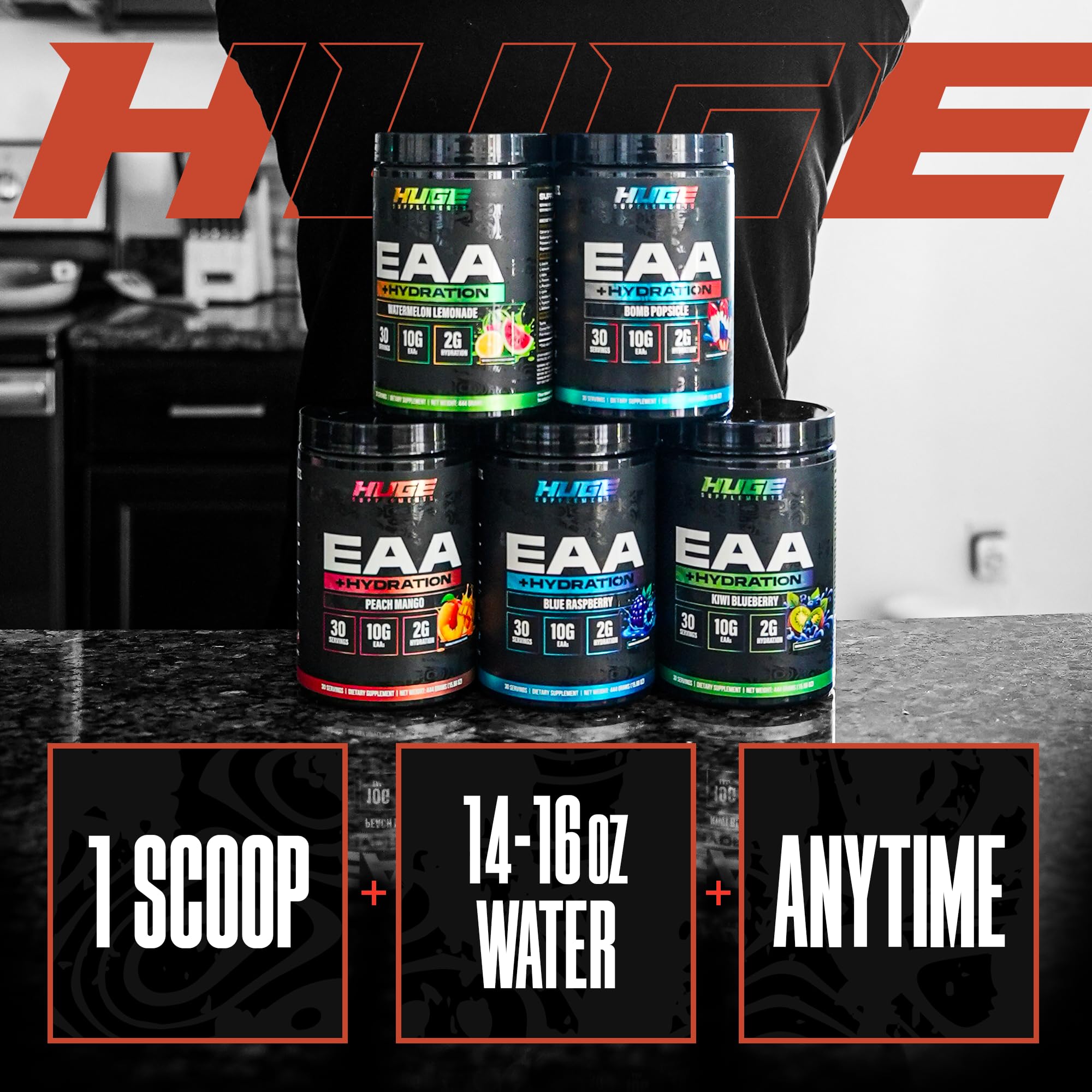 Scoop of Huge Supplements EAA Powder on a table