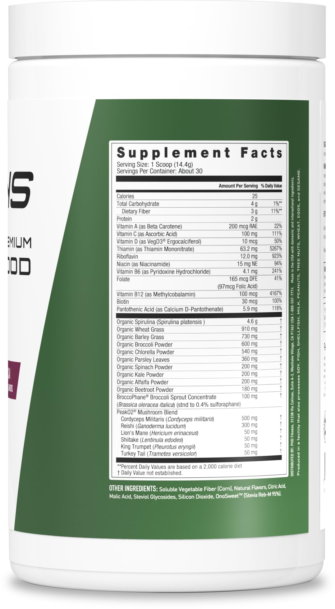 Scoop of JYM Greens Spirulina powder on a table