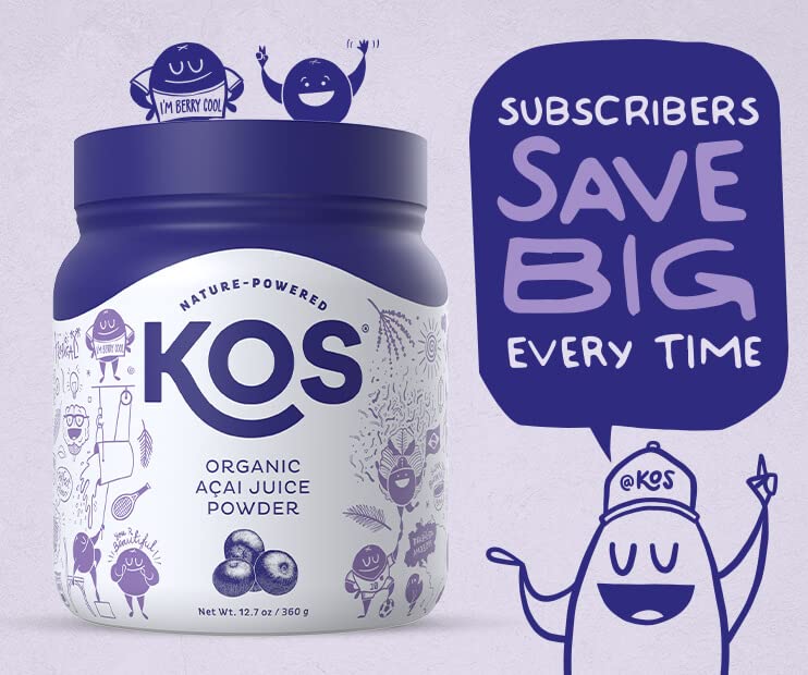 Scoop of KOS Organic Acai Juice Powder on a wooden spoon