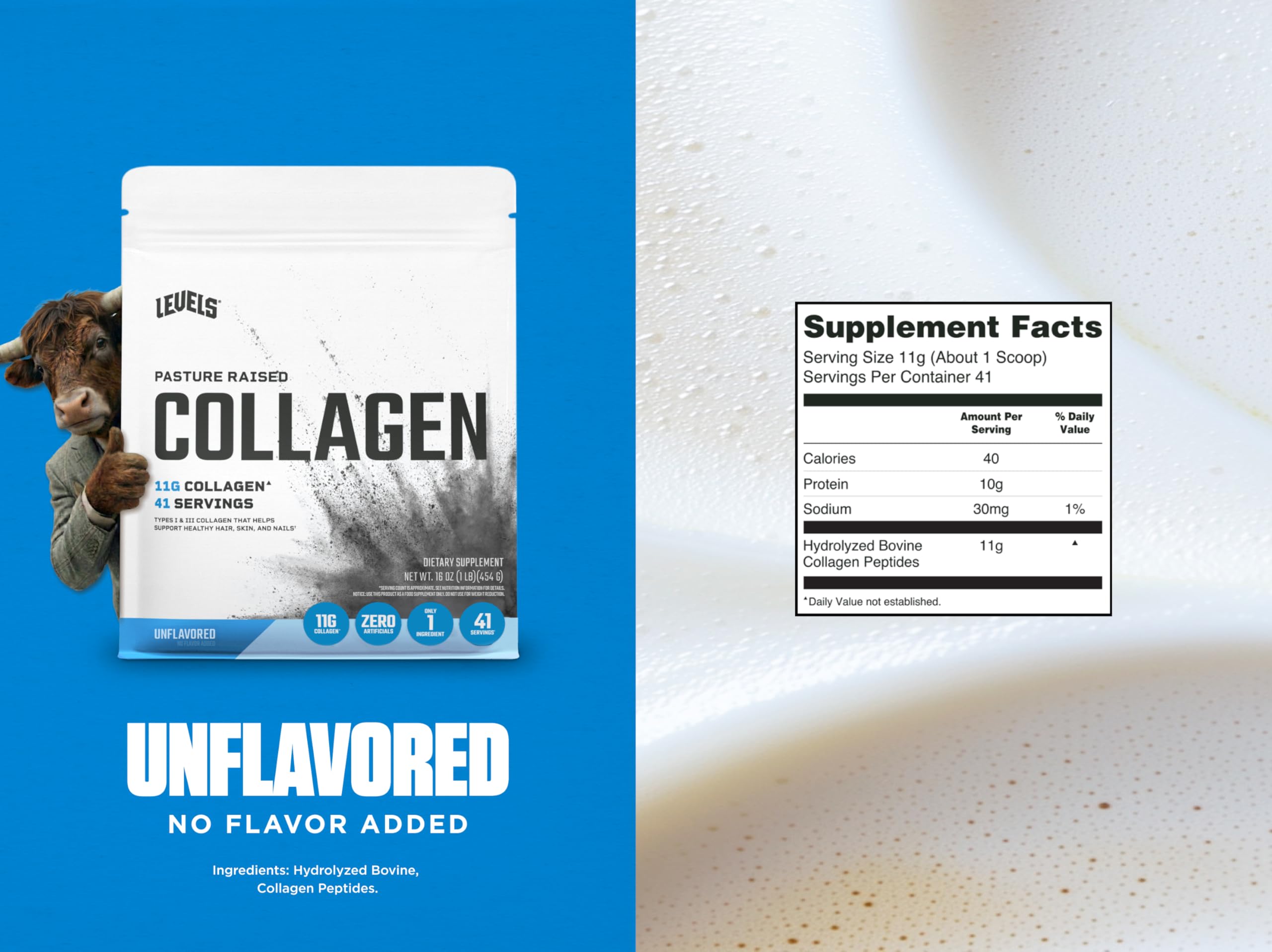 Scoop of Levels Nutrition Unflavored Collagen Peptides on a wooden surface