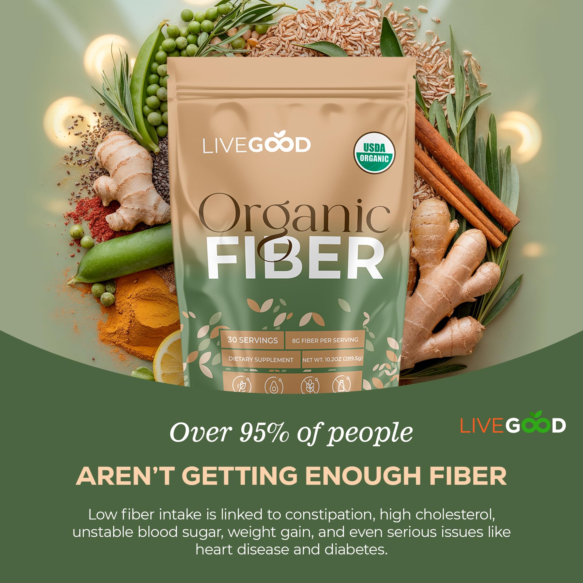 Scoop of LIVEGOOD Organic Fiber Powder on a wooden table