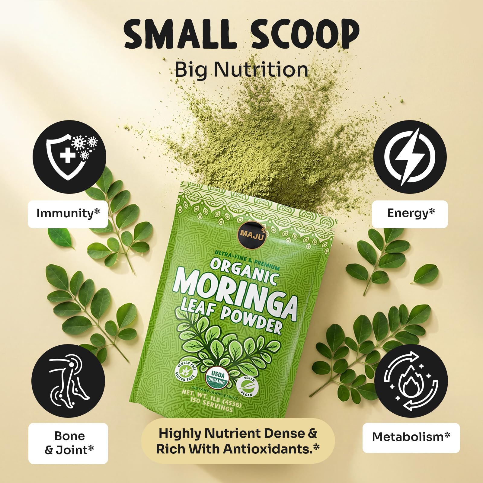 Scoop of Maju Superfoods Moringa Powder on a wooden spoon