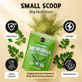 Scoop of Maju Superfoods Moringa Powder on a wooden spoon