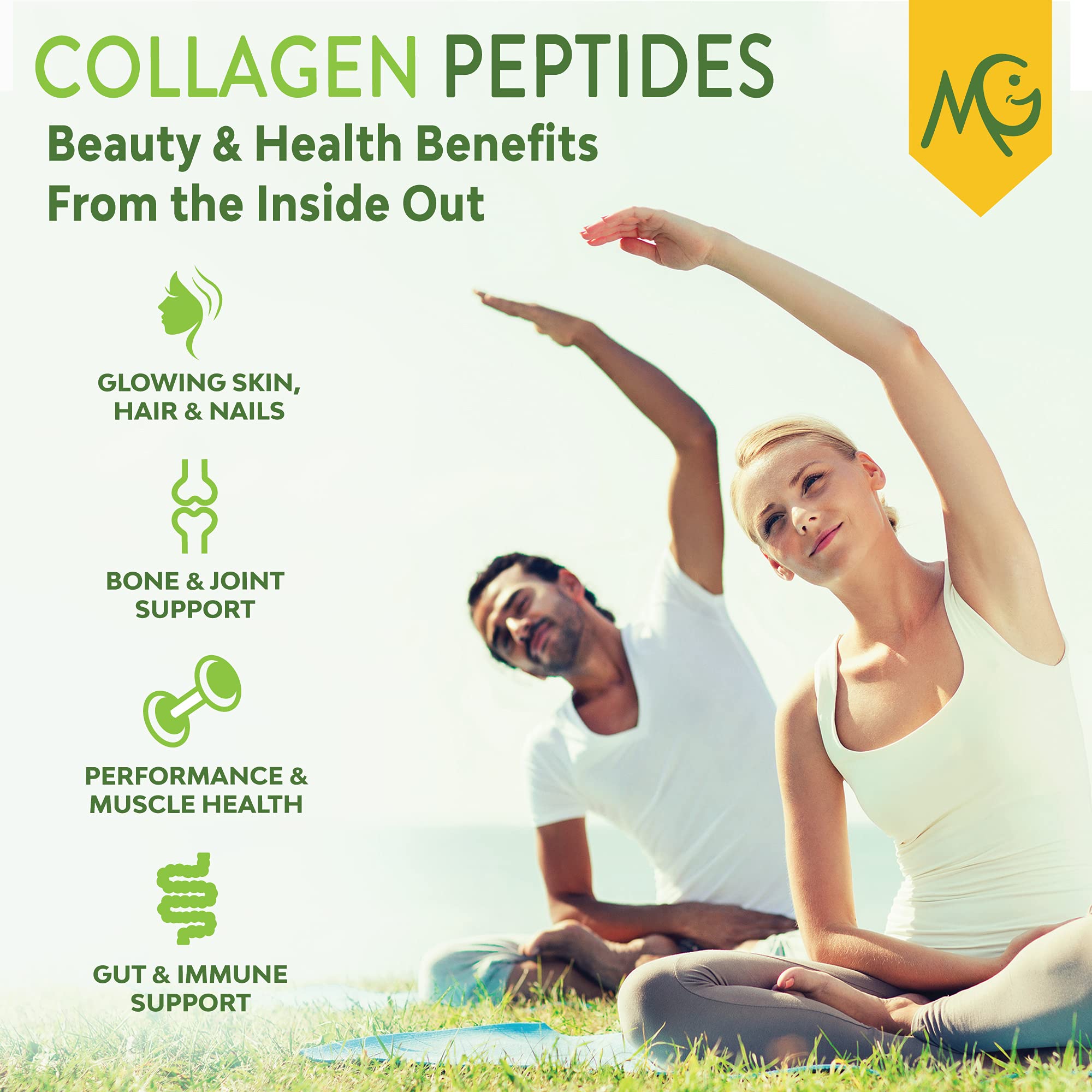 Scoop of MariGold Collagen Peptides powder on a wooden table