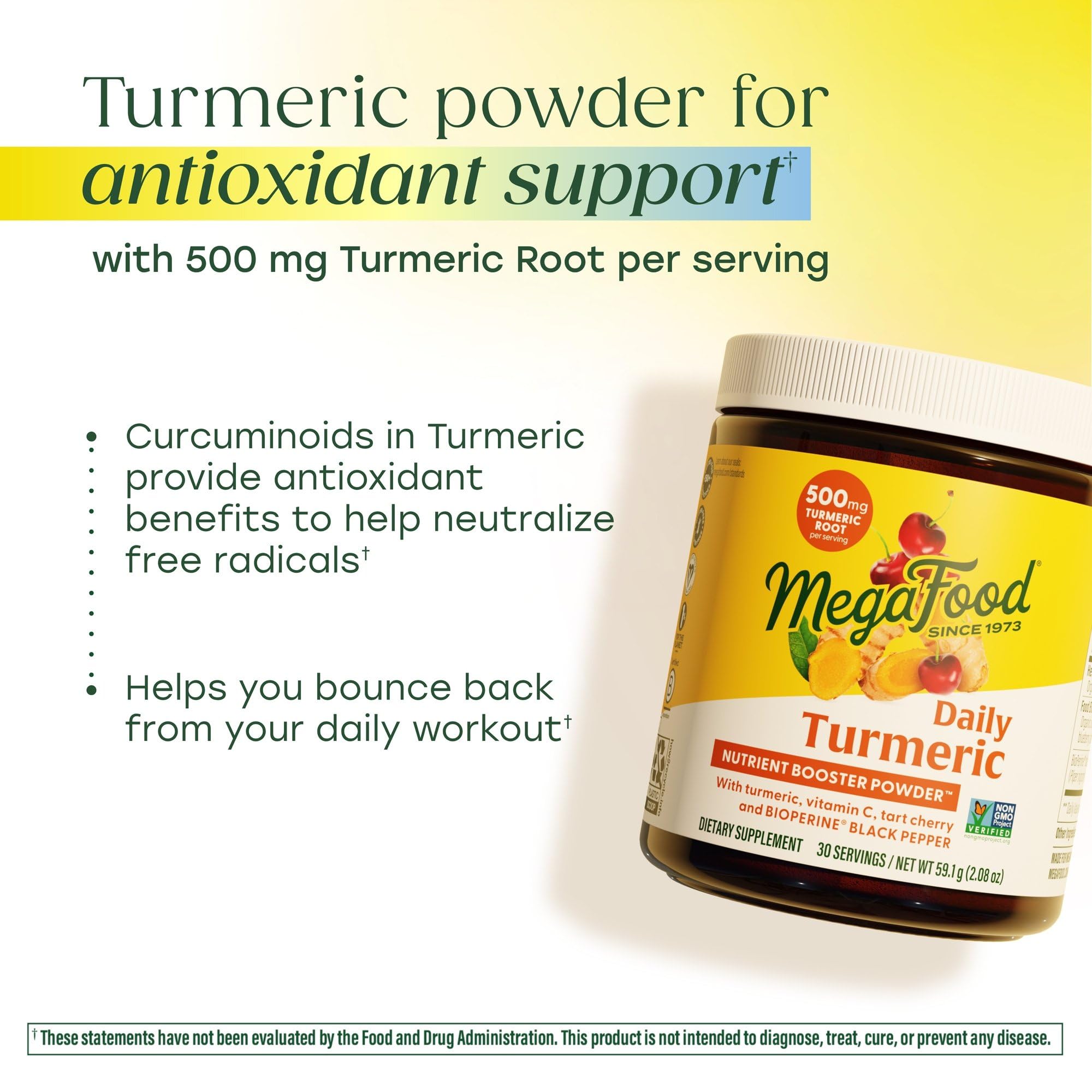 Scoop of MegaFood Turmeric Powder 500mg on a wooden table