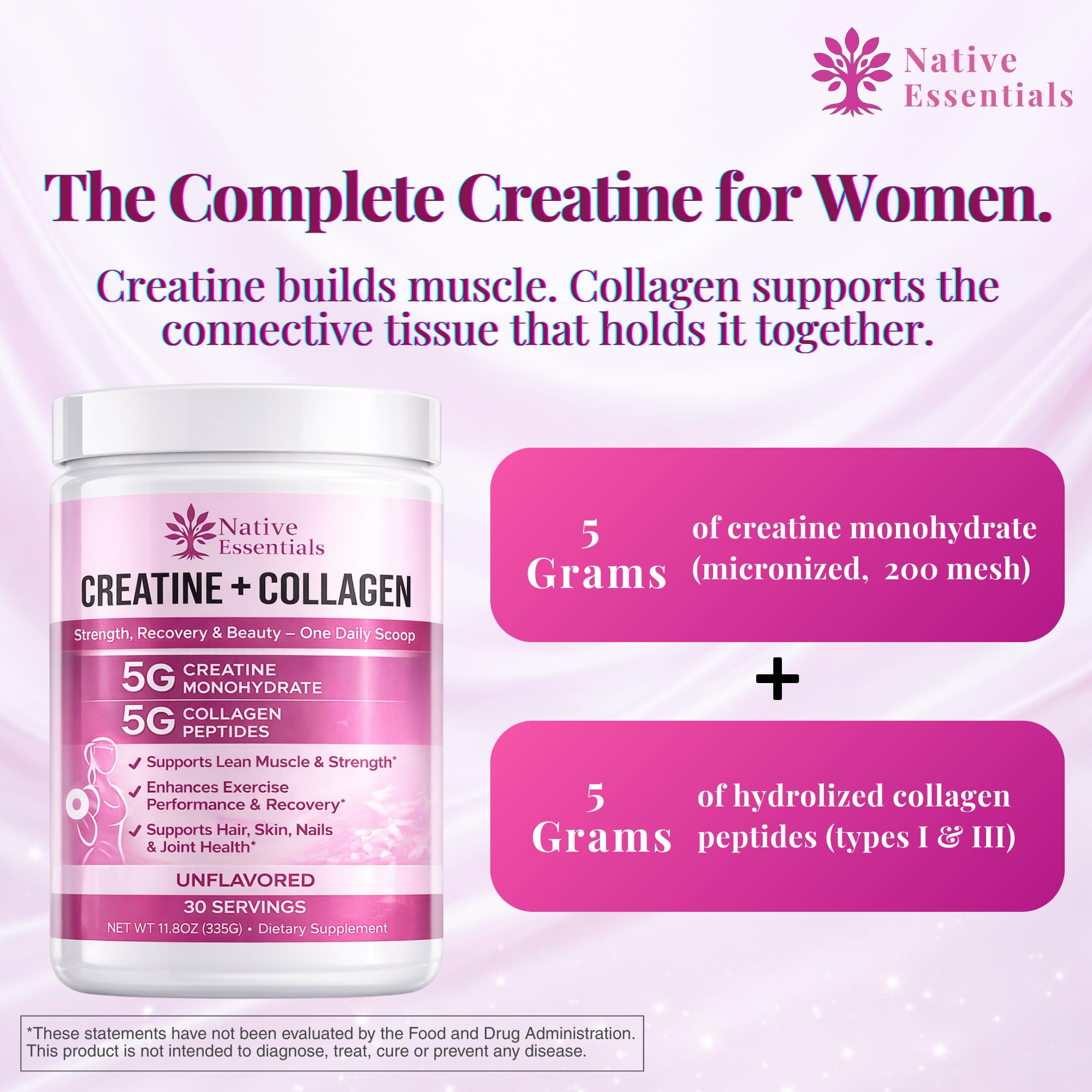 Scoop of Native Essentials Creatine + Collagen powder on a table