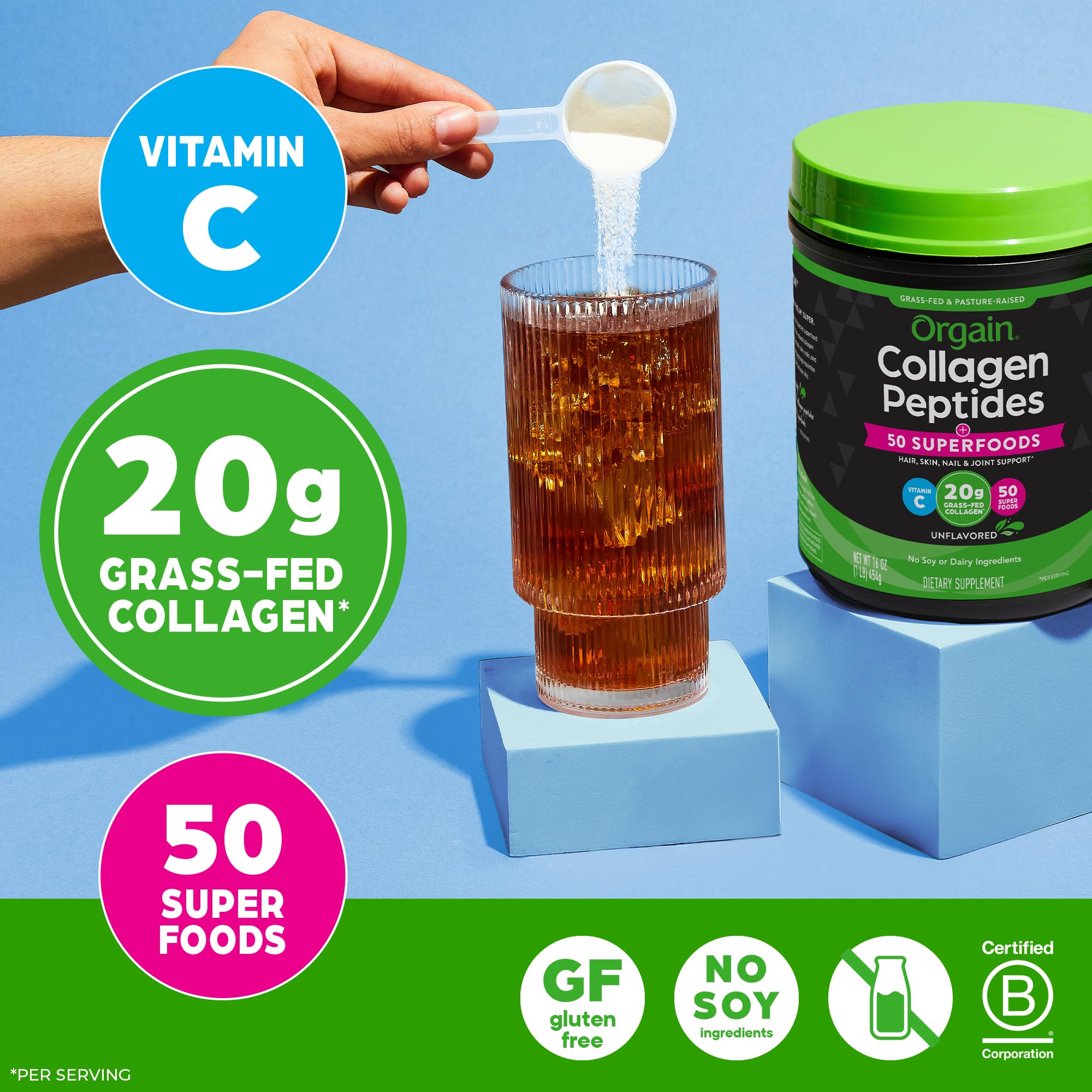 Scoop of Orgain Collagen + Superfoods powder on a spoon