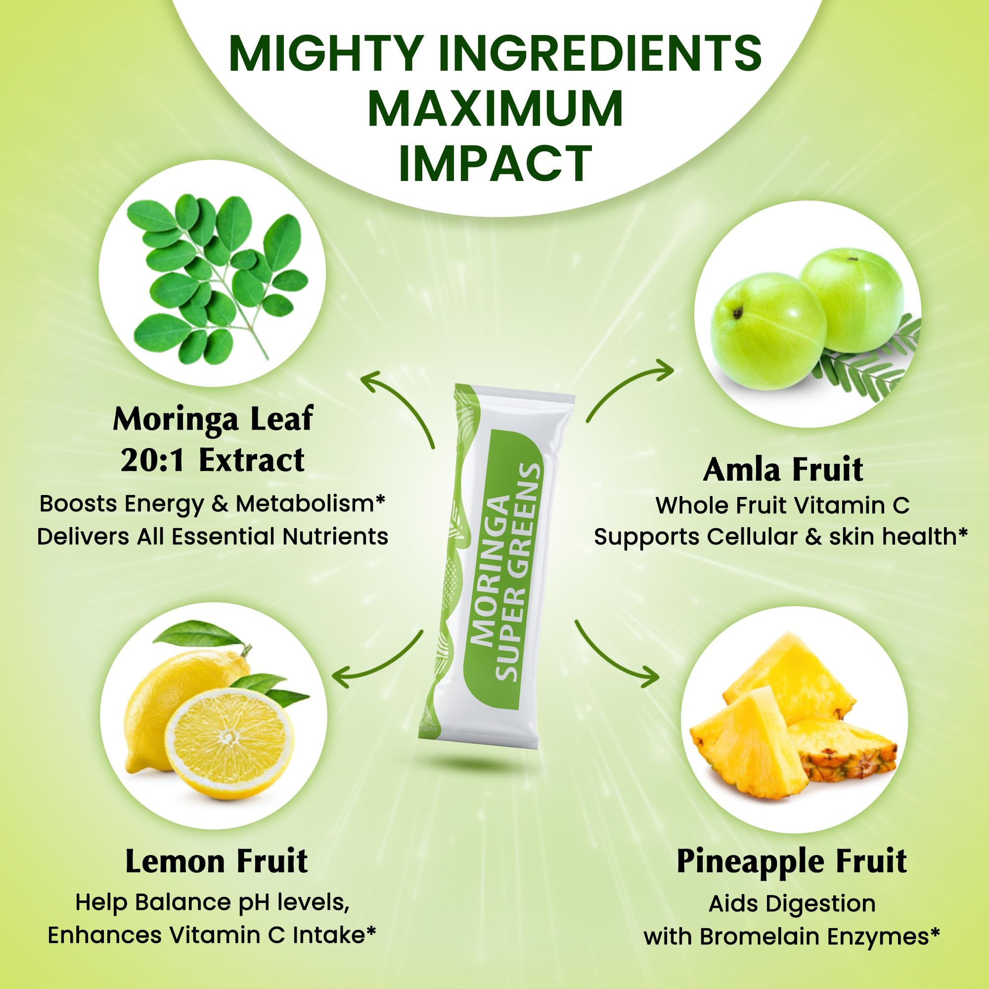 Scoop of Organic Veda Moringa Superfood Powder on a wooden spoon
