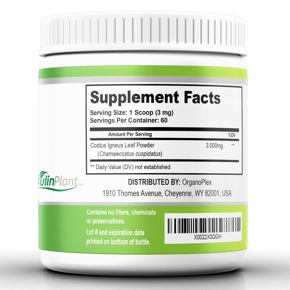 Scoop of ORGANOPLEX Insulin Plant Leaf Powder on a table