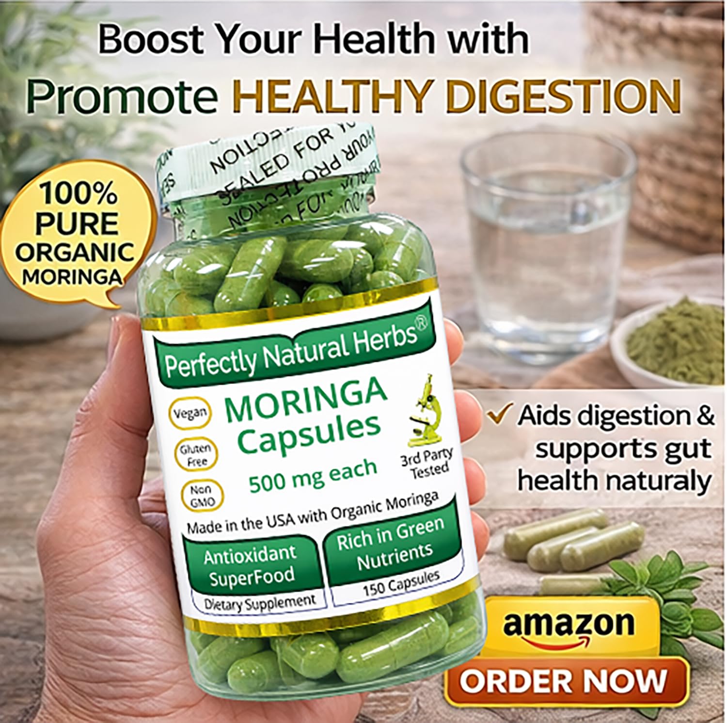 Scoop of Perfectly Natural Herbs Organic Moringa Powder on a wooden table