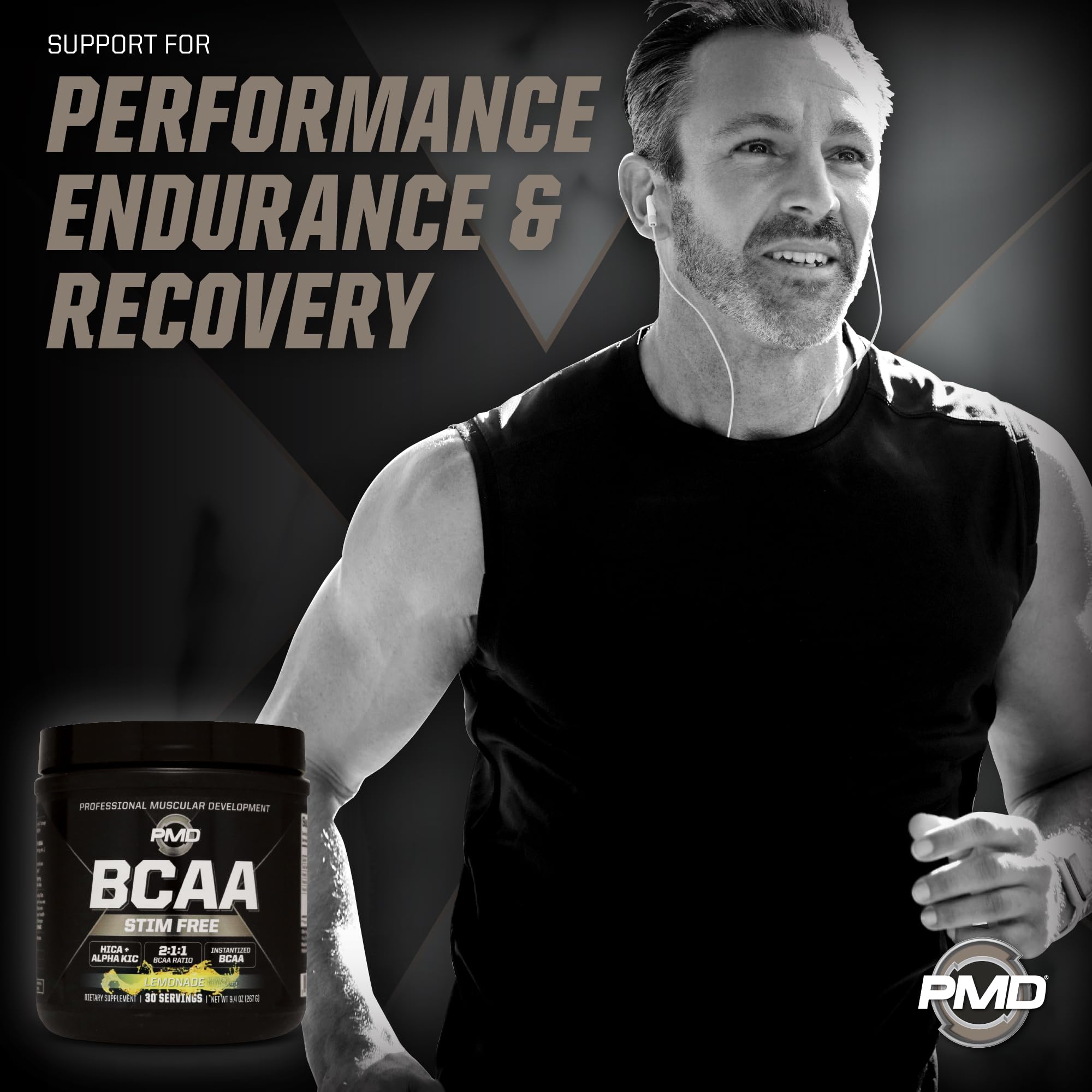 Scoop of PMD BCAA Powder 261g on a wooden table