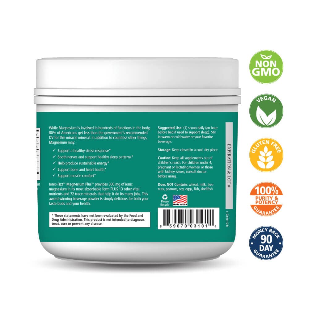 Scoop of PURE ESSENCE LABS Ionic-Fizz Magnesium Plus powder in a glass of water