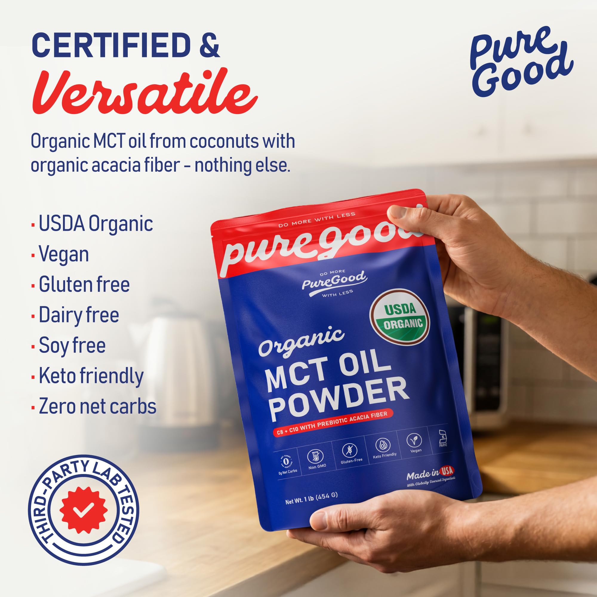 Scoop of PureGood Organic MCT Oil Powder on a wooden spoon
