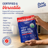 Scoop of PureGood Organic MCT Oil Powder on a wooden spoon