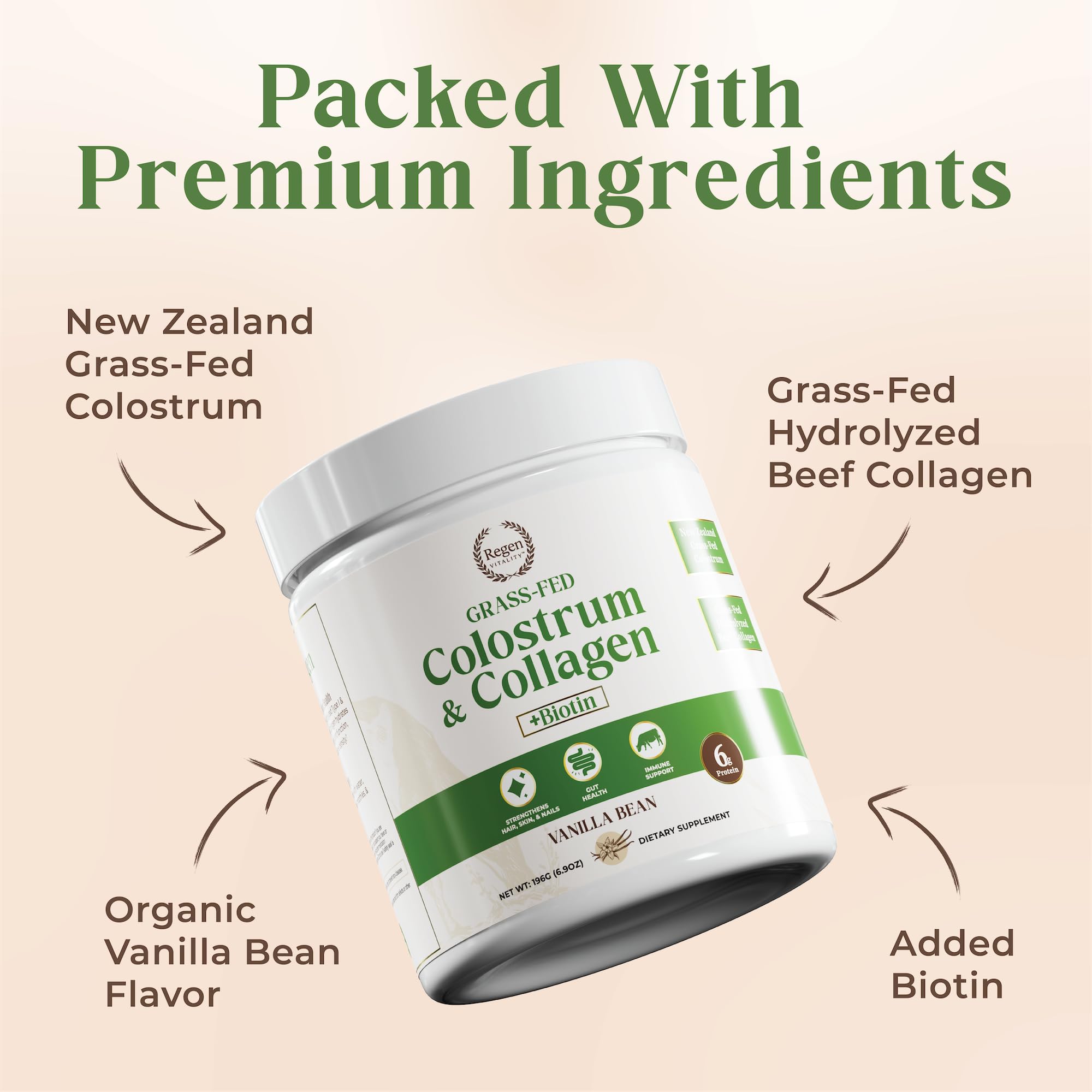 Scoop of Regen Vitality Collagen Powder on a wooden spoon