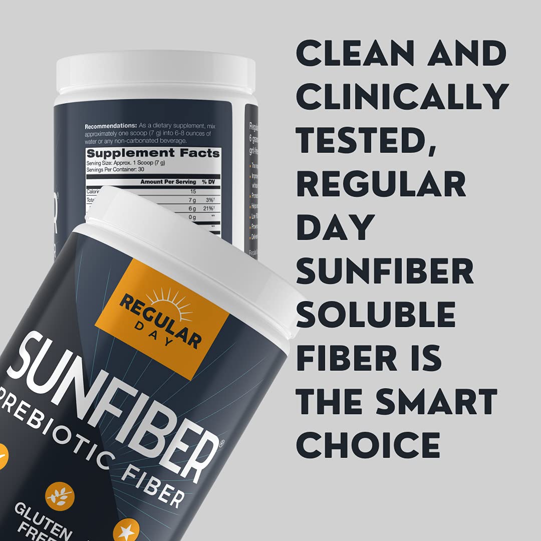 Scoop of REGULAR DAY Sunfiber powder on a wooden spoon