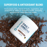 Scoop of Revive Daily Greens Chocolate Supplement on a wooden surface