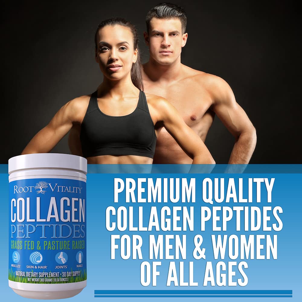 Scoop of Root Vitality Collagen Peptides Powder next to the container