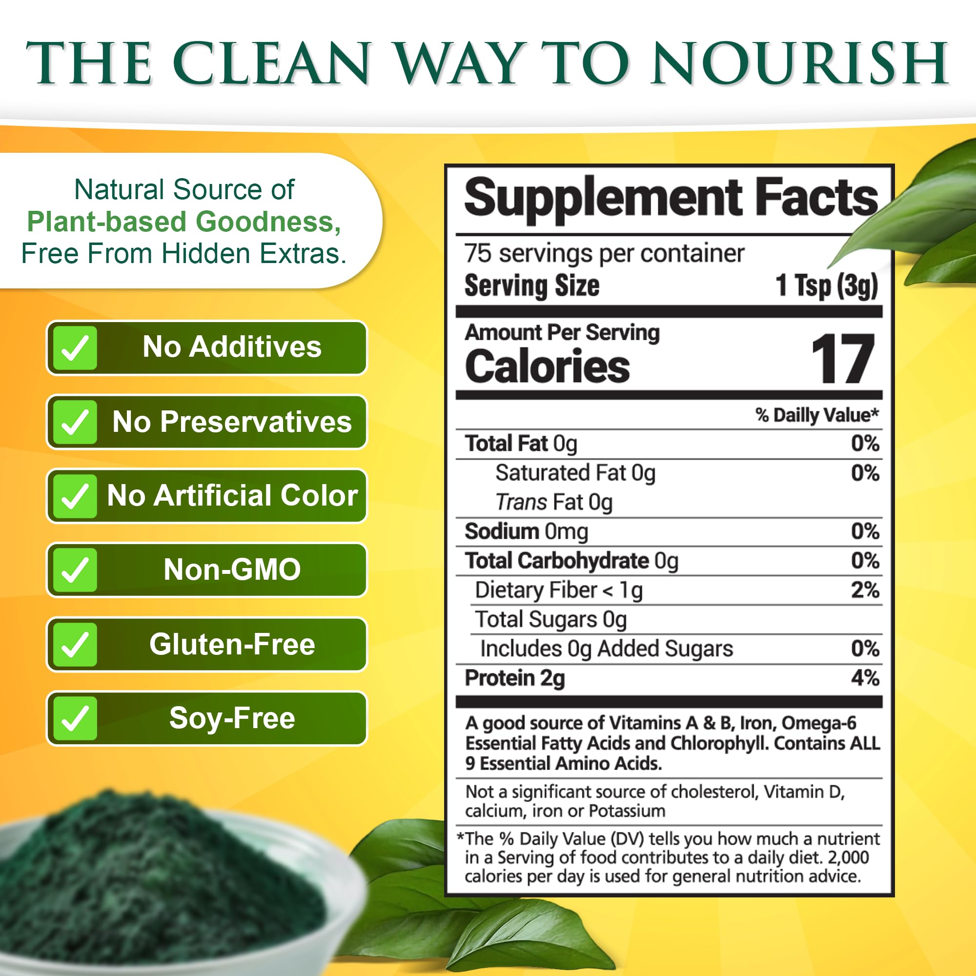 Scoop of Sunlit Best Green Organics Chlorella Spirulina Powder on a wooden table