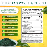 Scoop of Sunlit Best Green Organics Chlorella Spirulina Powder on a wooden table