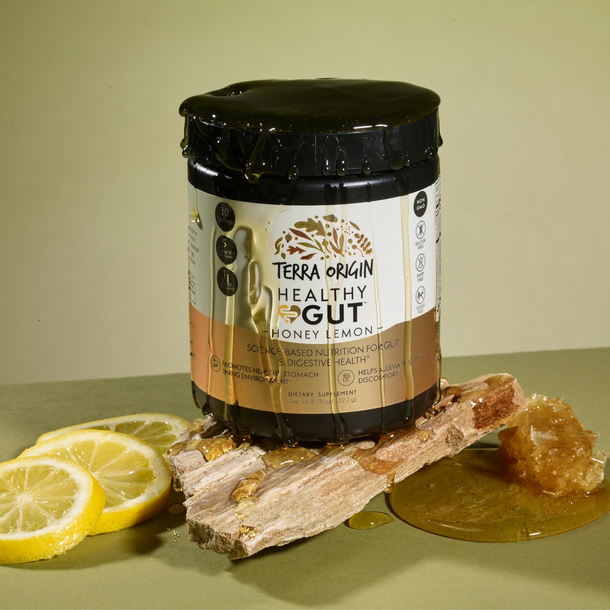 Scoop of TERRA ORIGIN Healthy Gut Powder on a wooden spoon