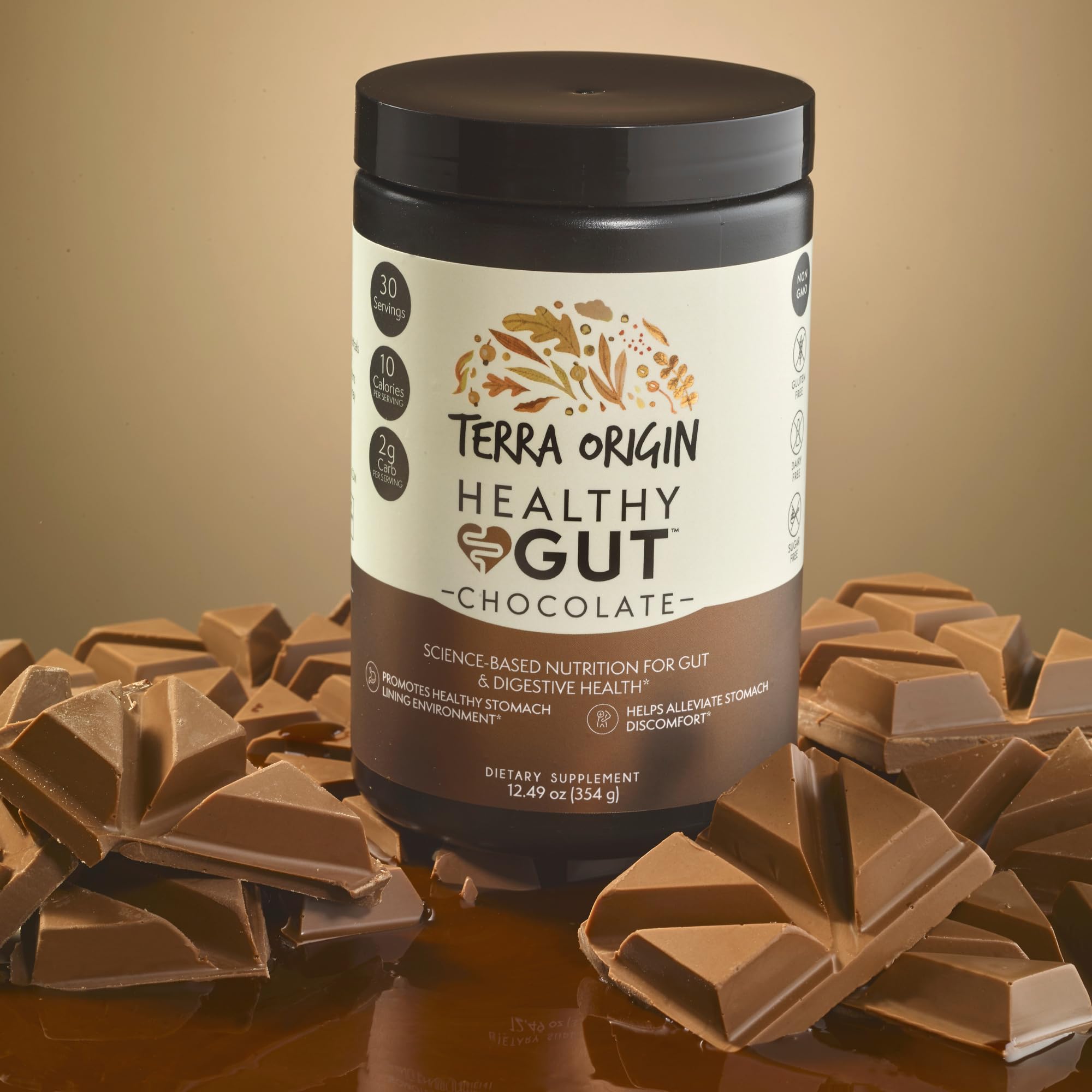 Scoop of TERRA ORIGIN Healthy Gut Powder on a wooden spoon