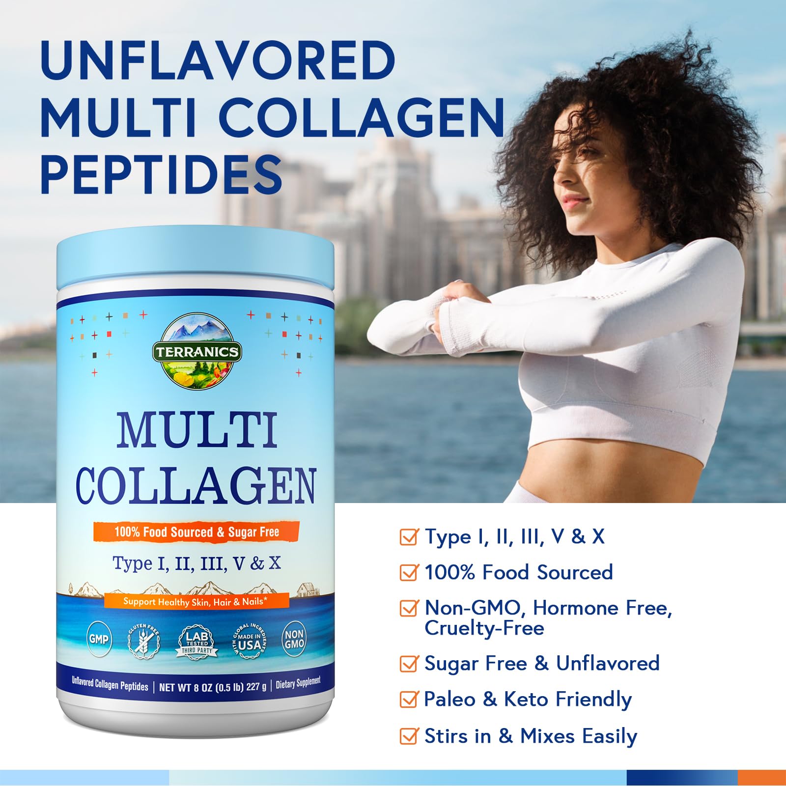 Scoop of Terranics Multi Collagen Peptides Powder on a spoon