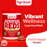 Scoop of The Feel Great Vitamin Company Superfood Powder on a wooden table