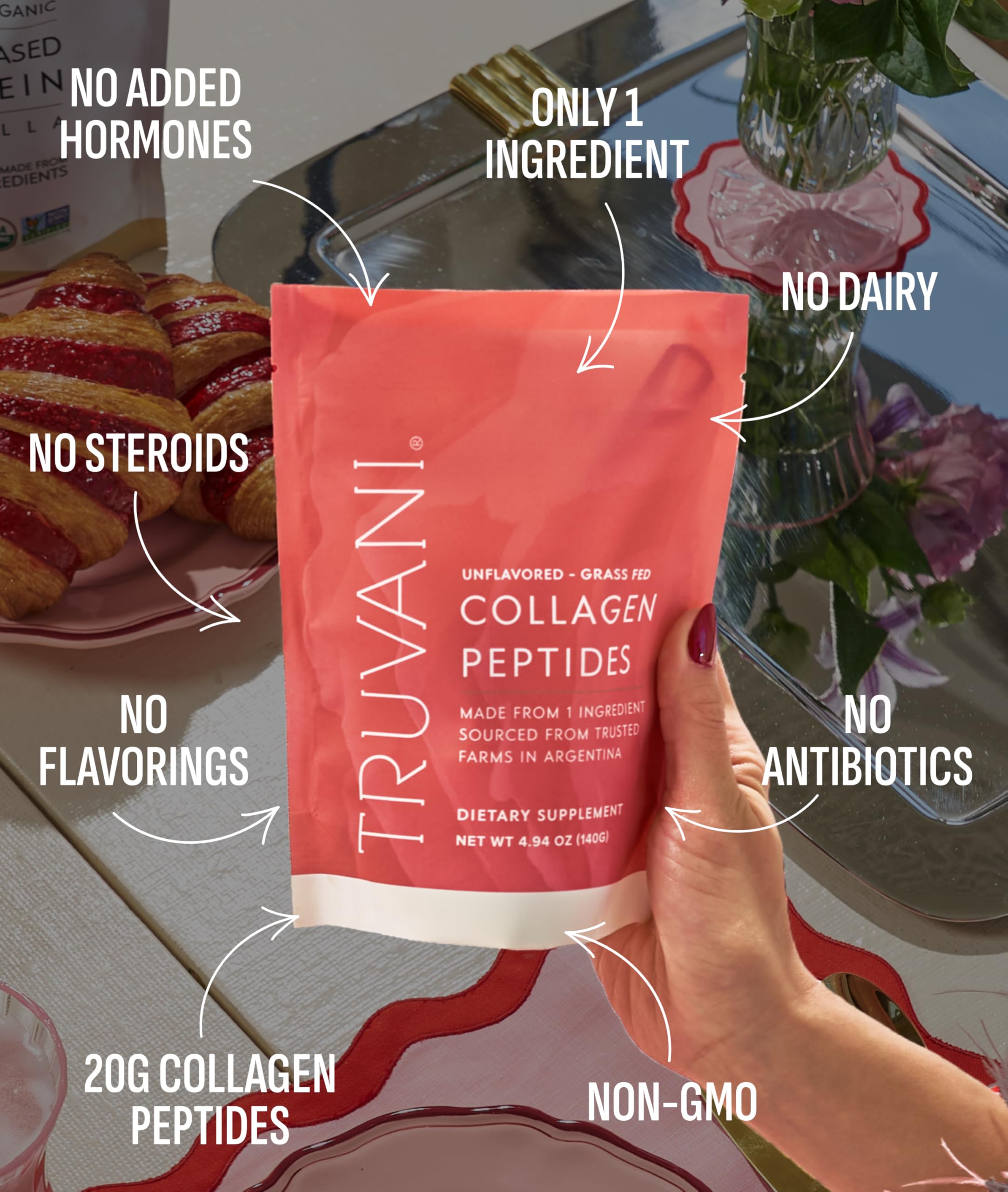 Scoop of Truvani Collagen Peptides Powder on a table