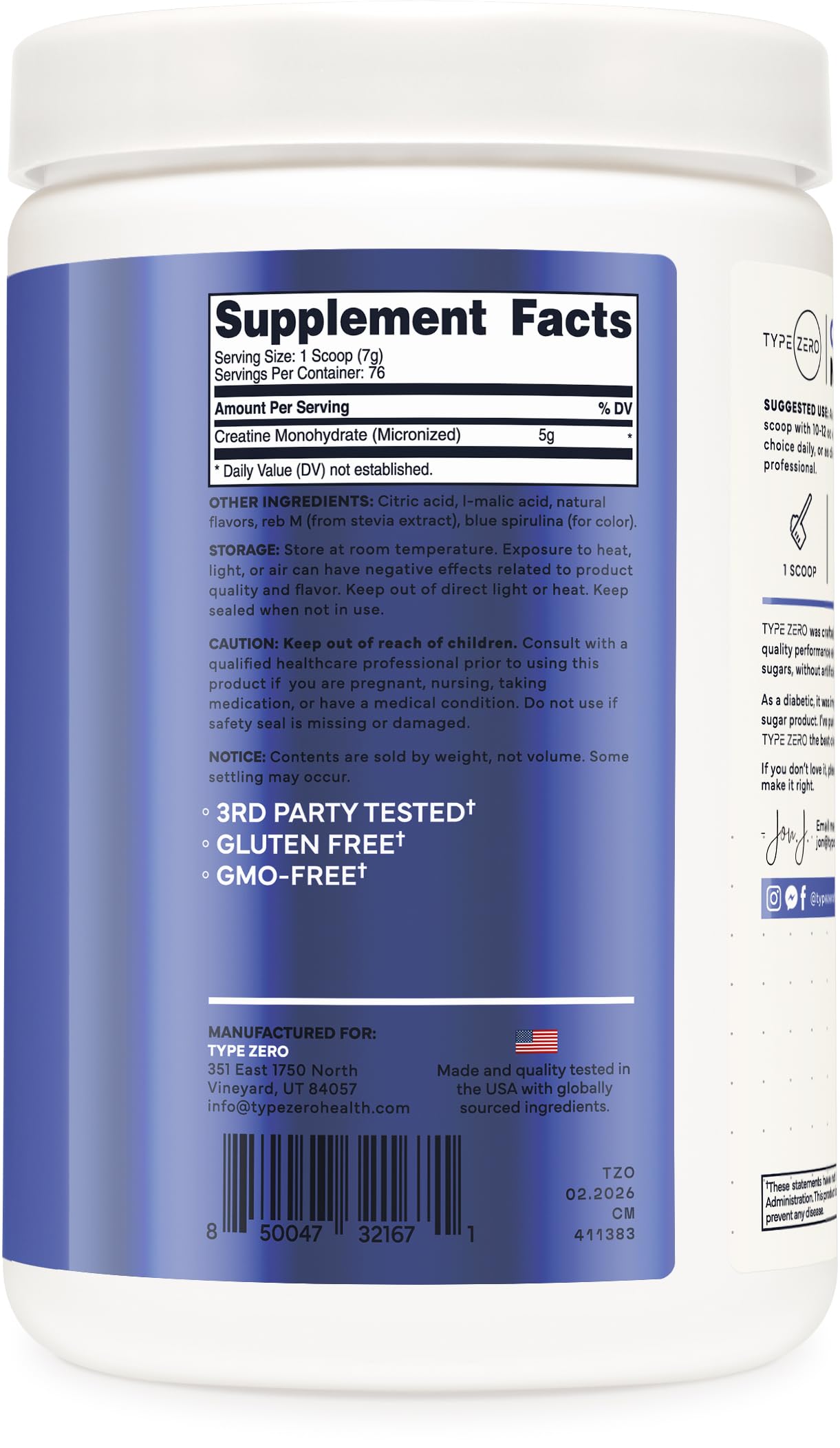 Scoop of Type Zero Creatine Monohydrate Powder Blue Raspberry