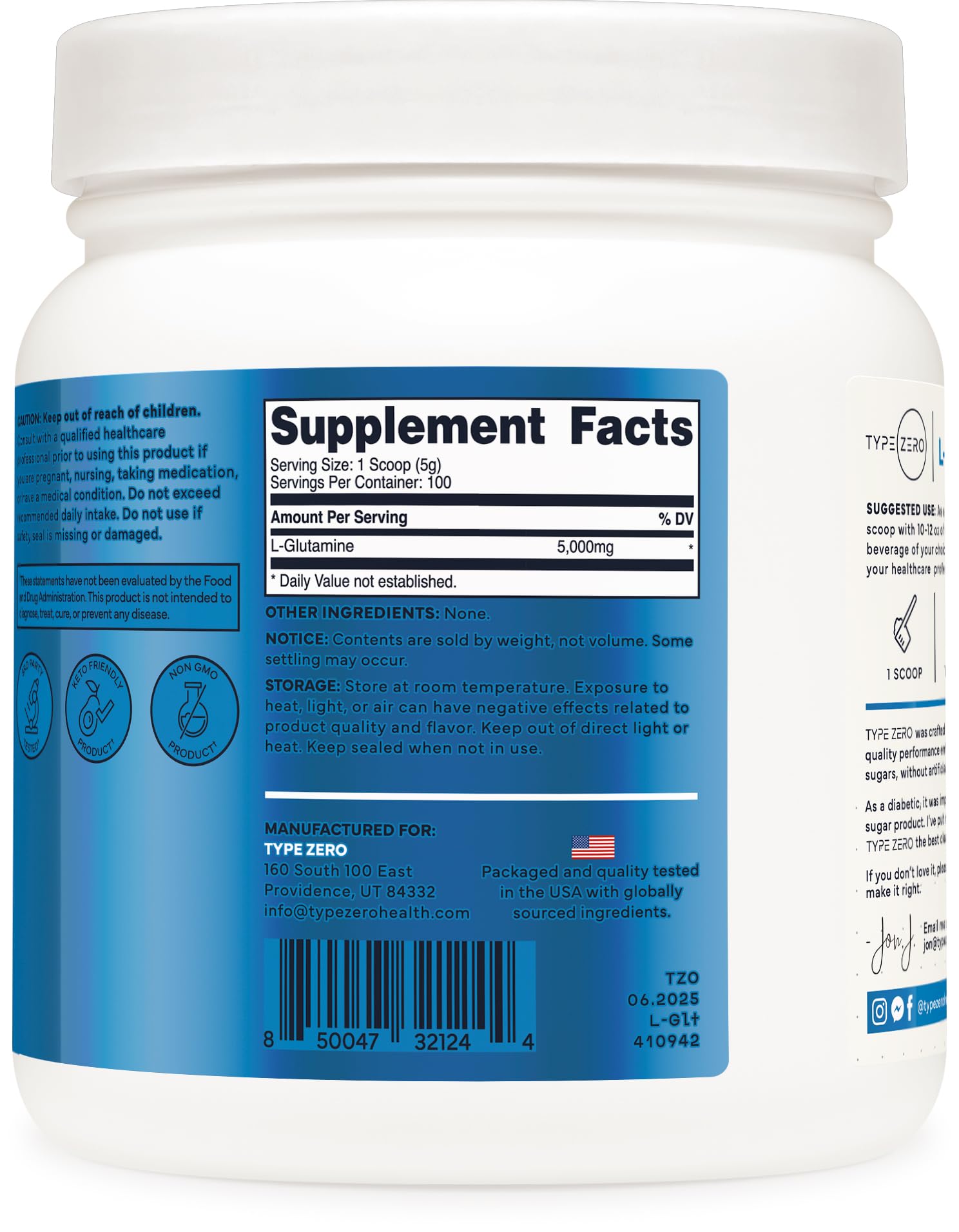 Scoop of Type Zero L-Glutamine Powder on a spoon