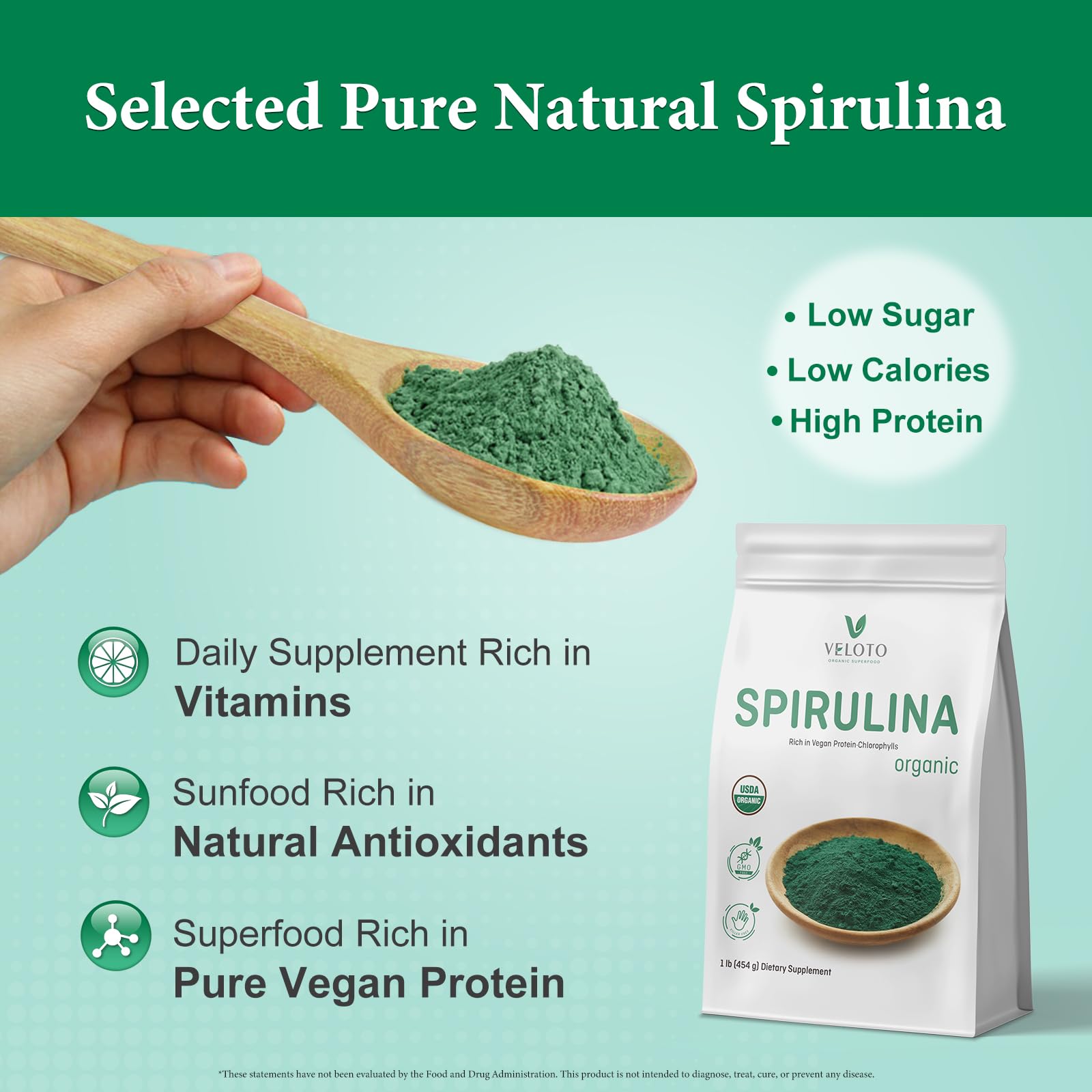 Scoop of VELOTO Spirulina Powder on a wooden spoon