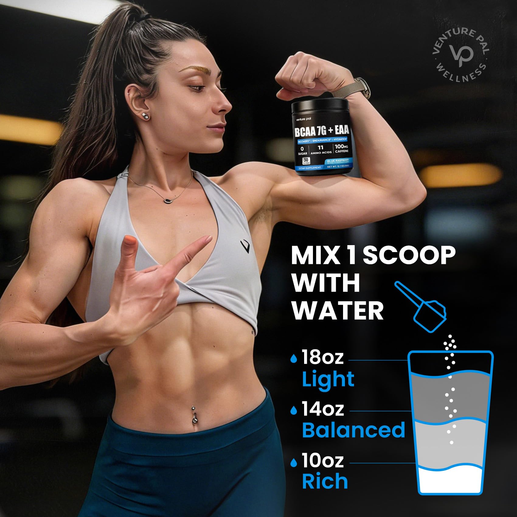 Scoop of Venture Pal EAA Amino Acid Supplement powder on a table