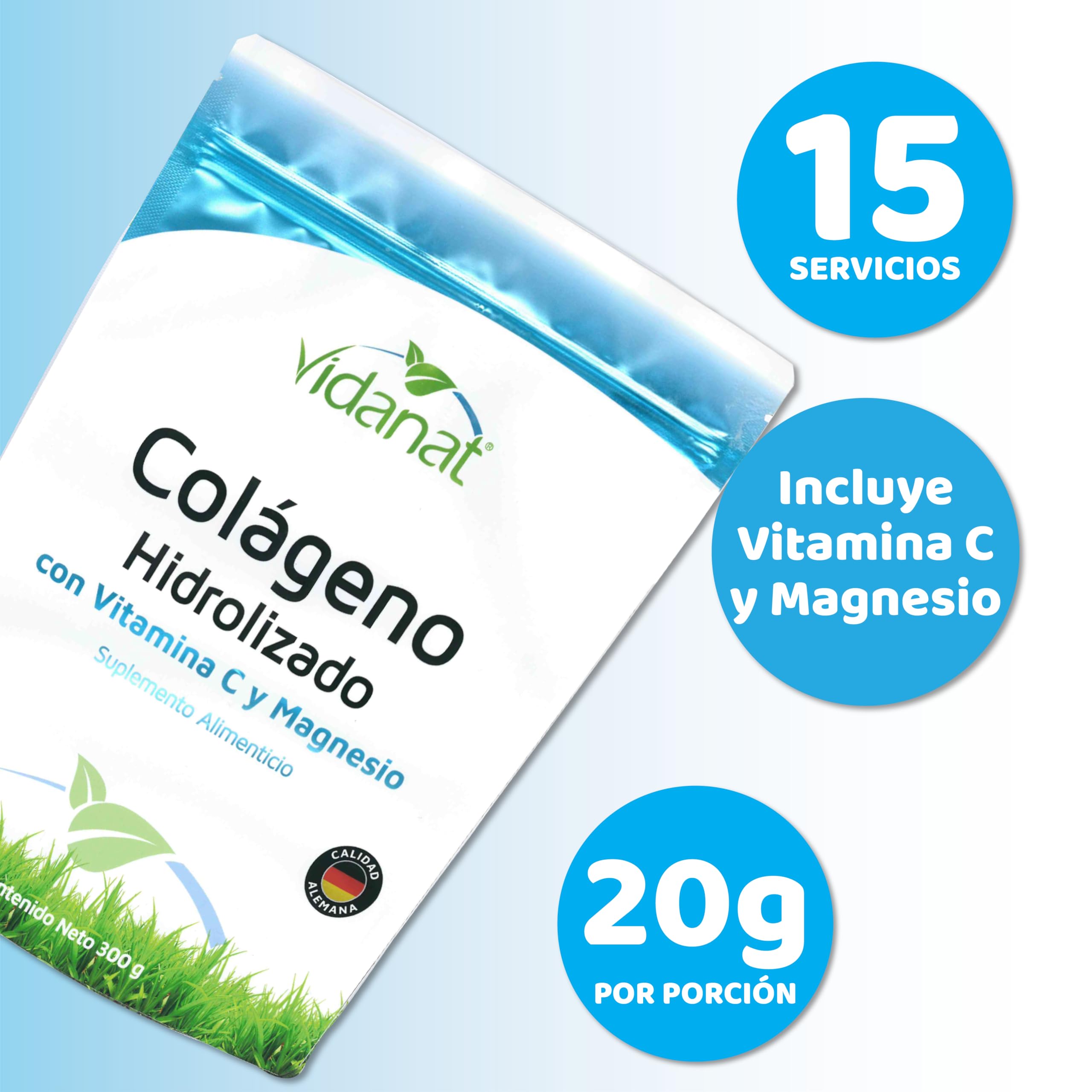 Scoop of Vidanat Collagen Powder on a wooden surface