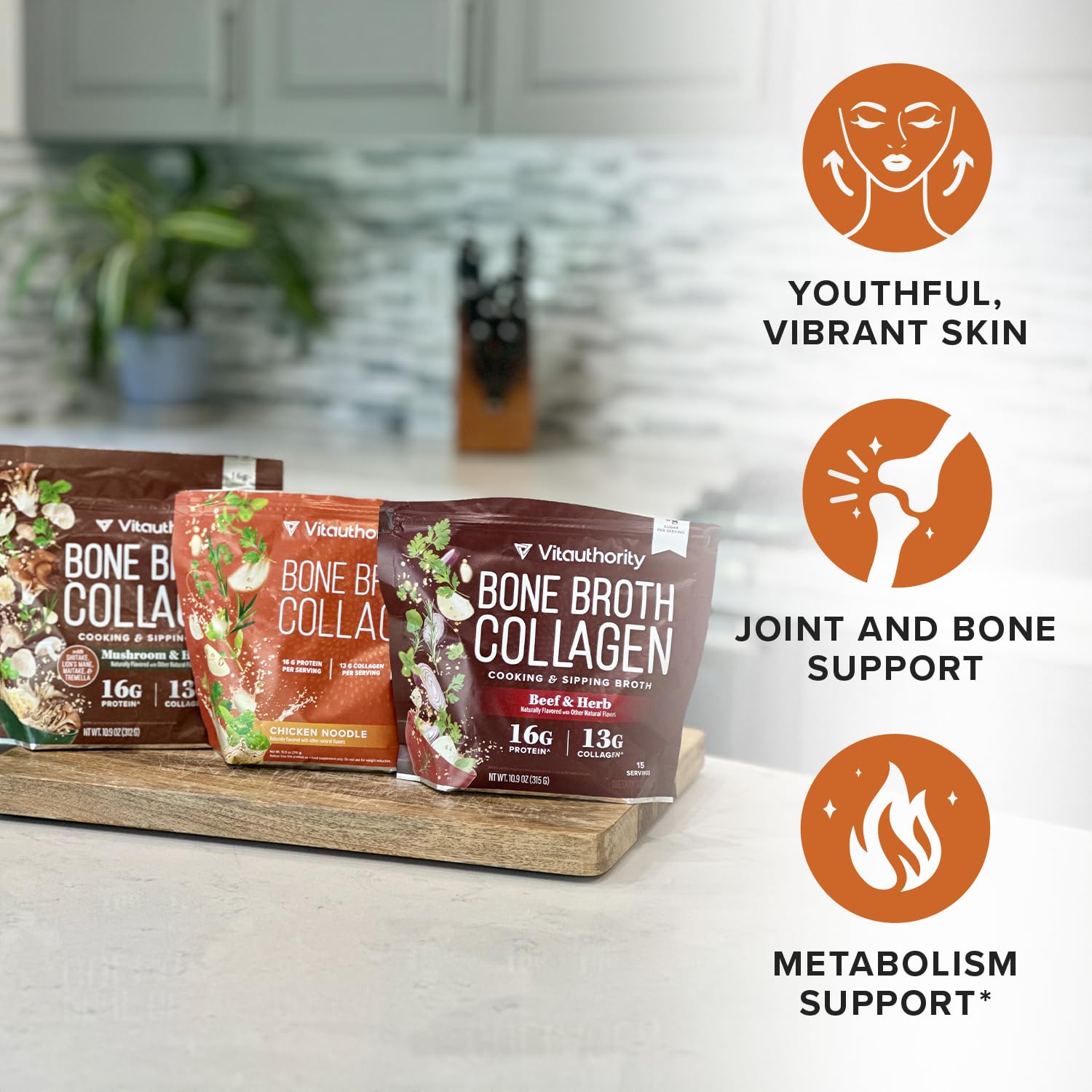 Scoop of Vitauthority Bone Broth Collagen Chicken Noodle powder