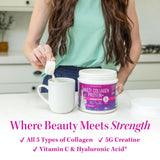 Scoop of Vitauthority Collagen Creatine Powder on a wooden table