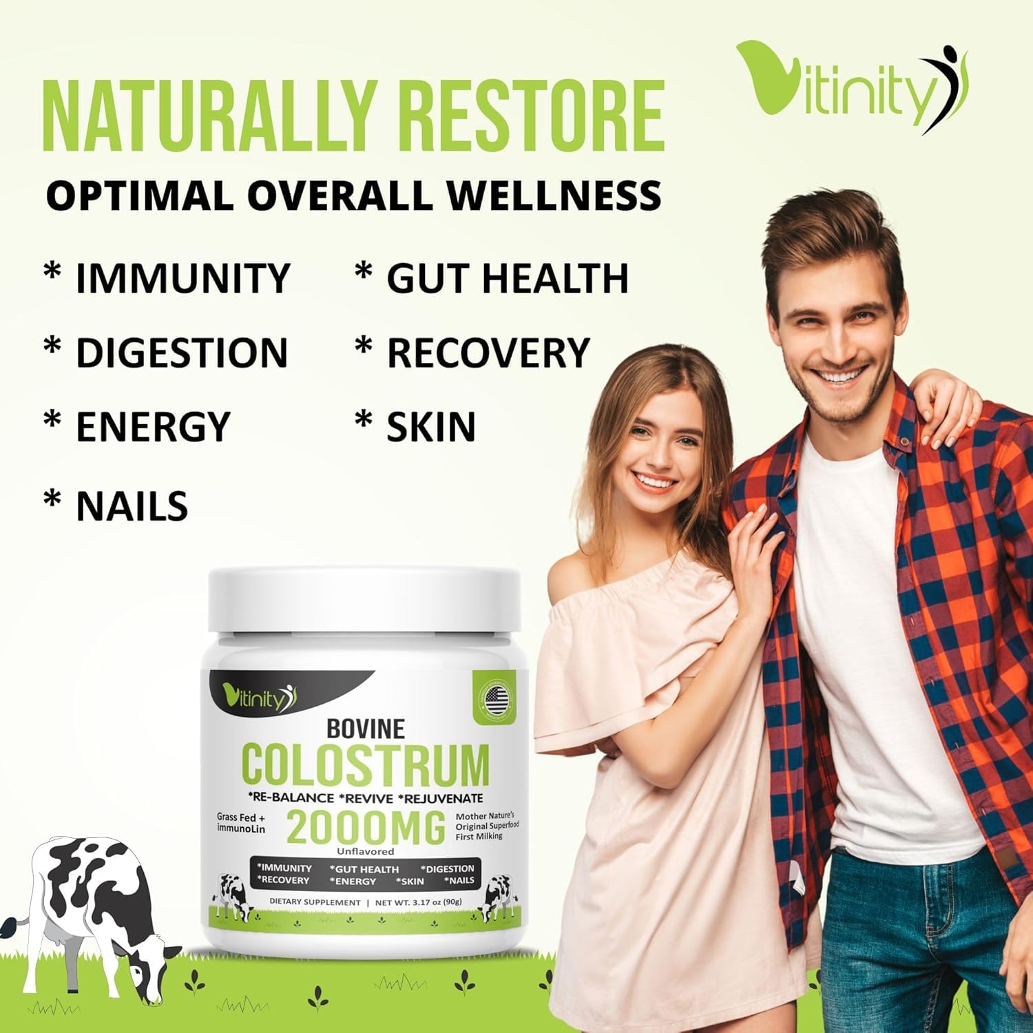 Scoop of VITINITY Bovine Colostrum Powder on a wooden spoon