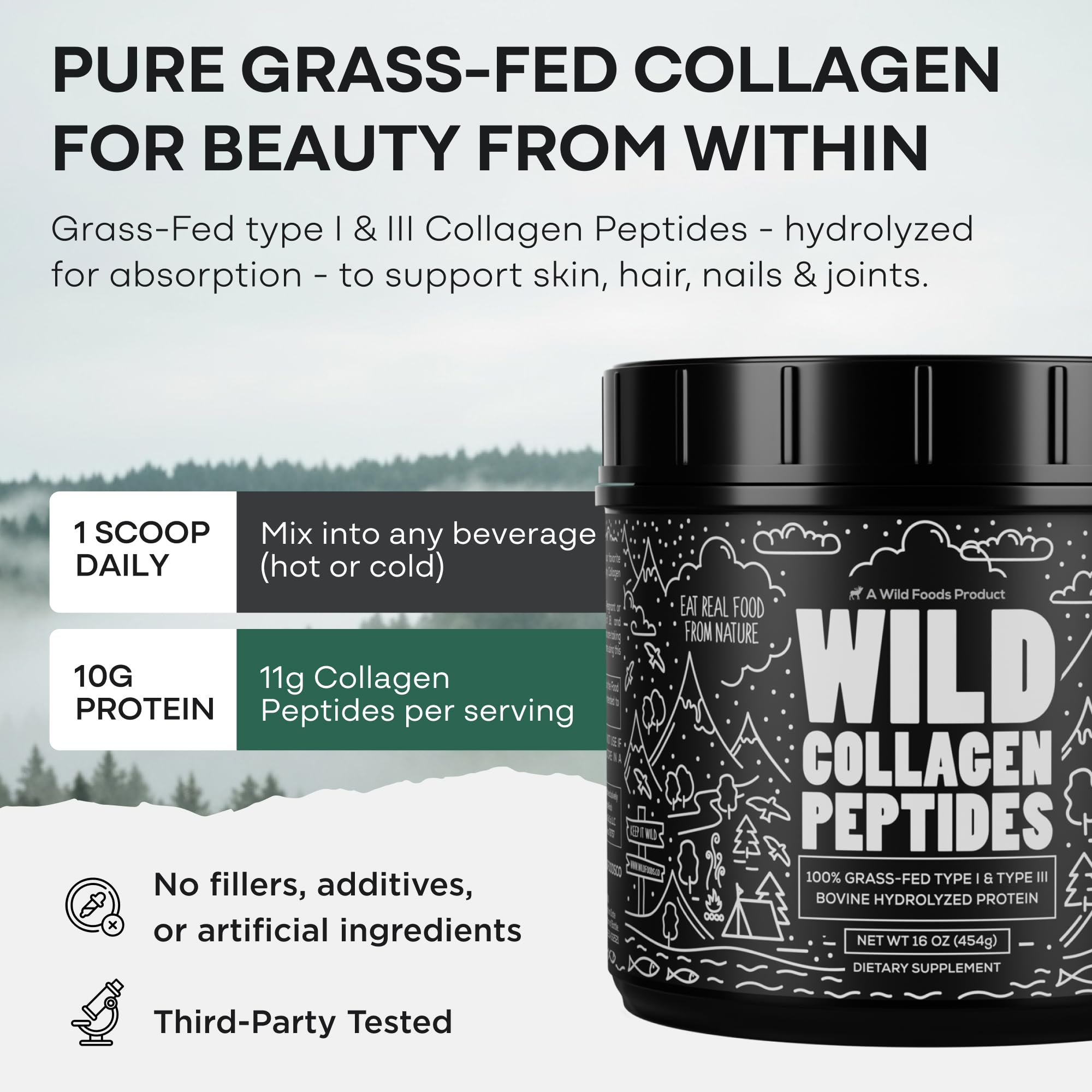 Scoop of Wild Foods Collagen Peptides Powder on a table