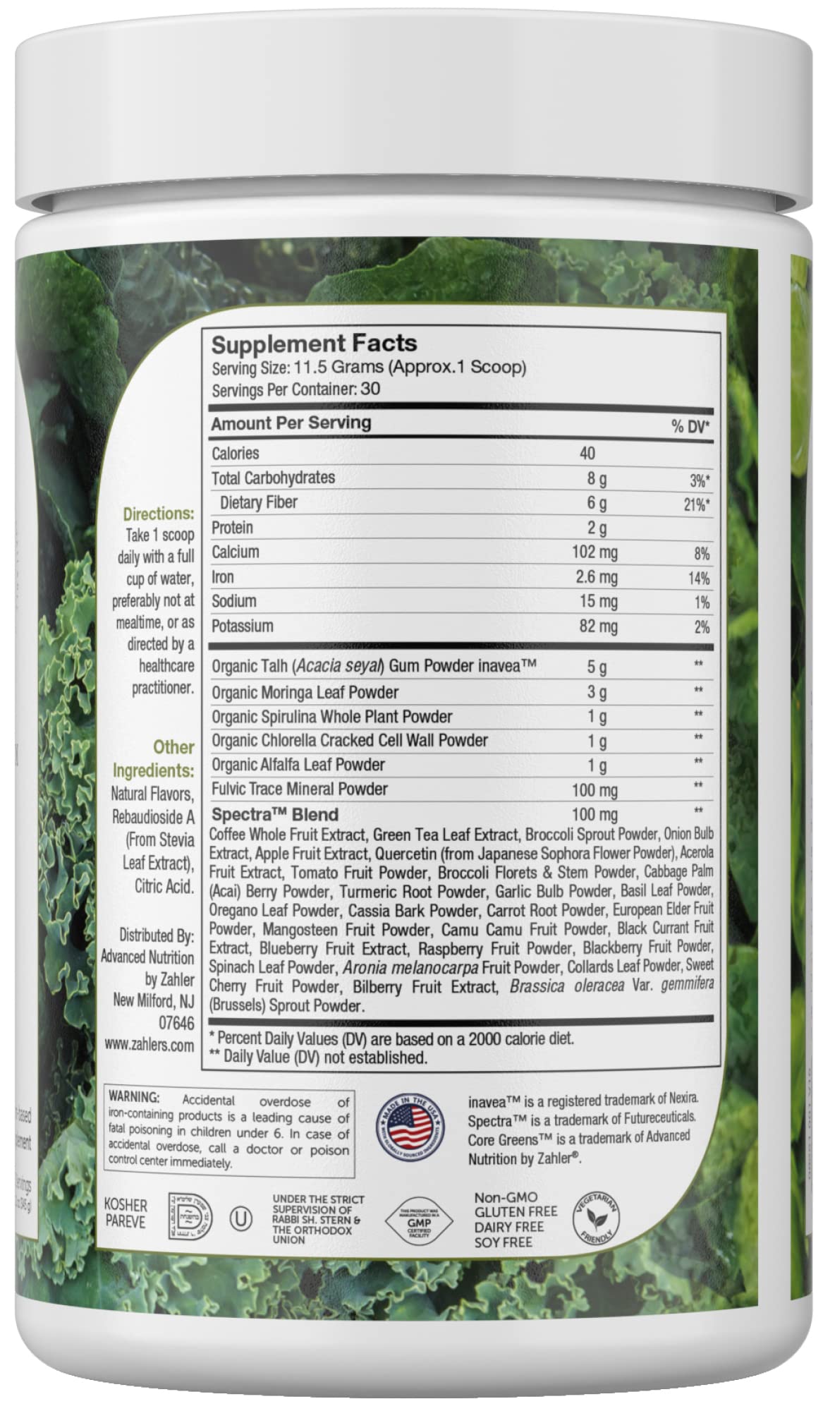 Scoop of Zahler Core Greens Spirulina Powder on a wooden spoon