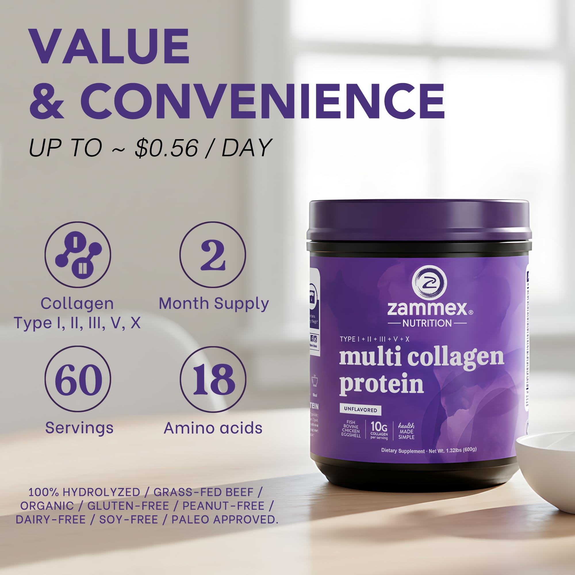 Scoop of Zammex Hydrolyzed Multi Collagen Complex powder