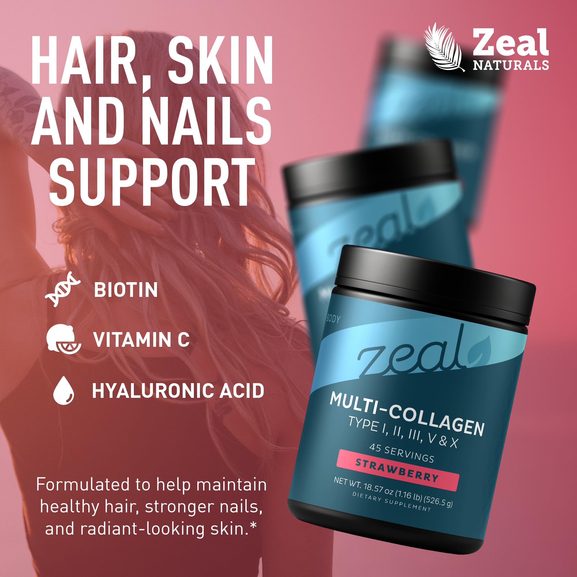 Scoop of Zeal Naturals Multi Collagen Protein Powder on a wooden table
