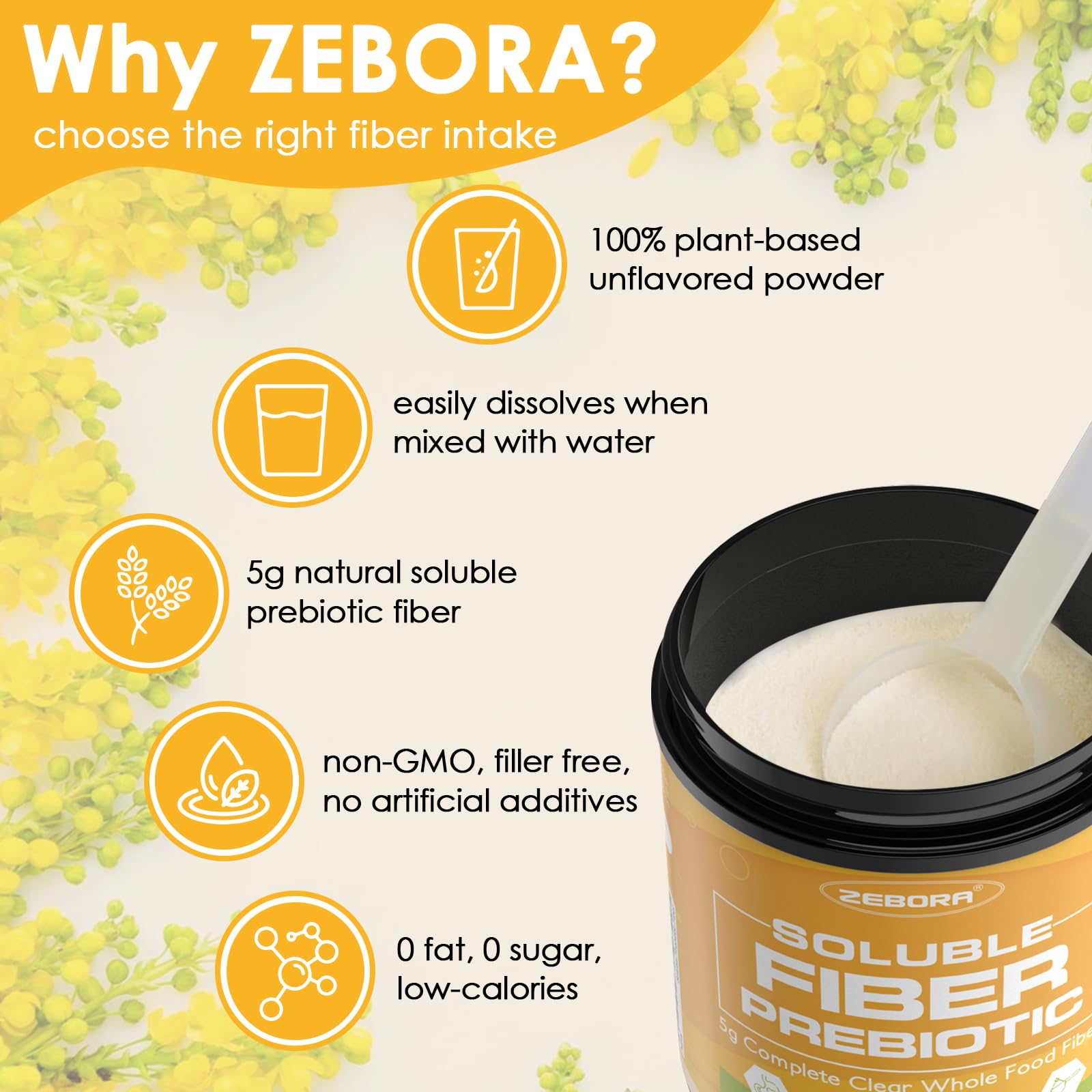 Scoop of ZEBORA Unflavoured Dietary Fibre Powder on a table