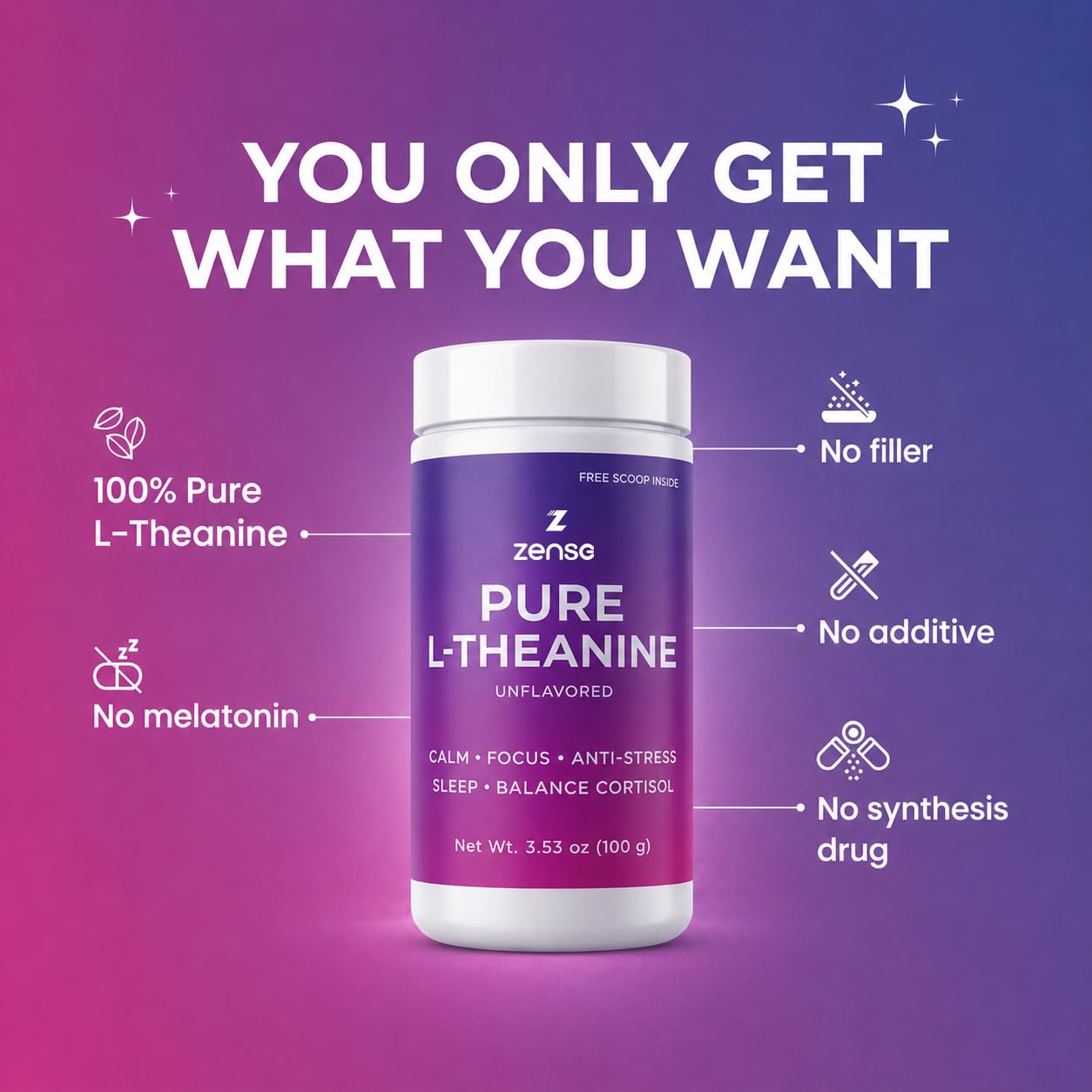 Scoop of ZENSE Pure L-Theanine Powder on a table